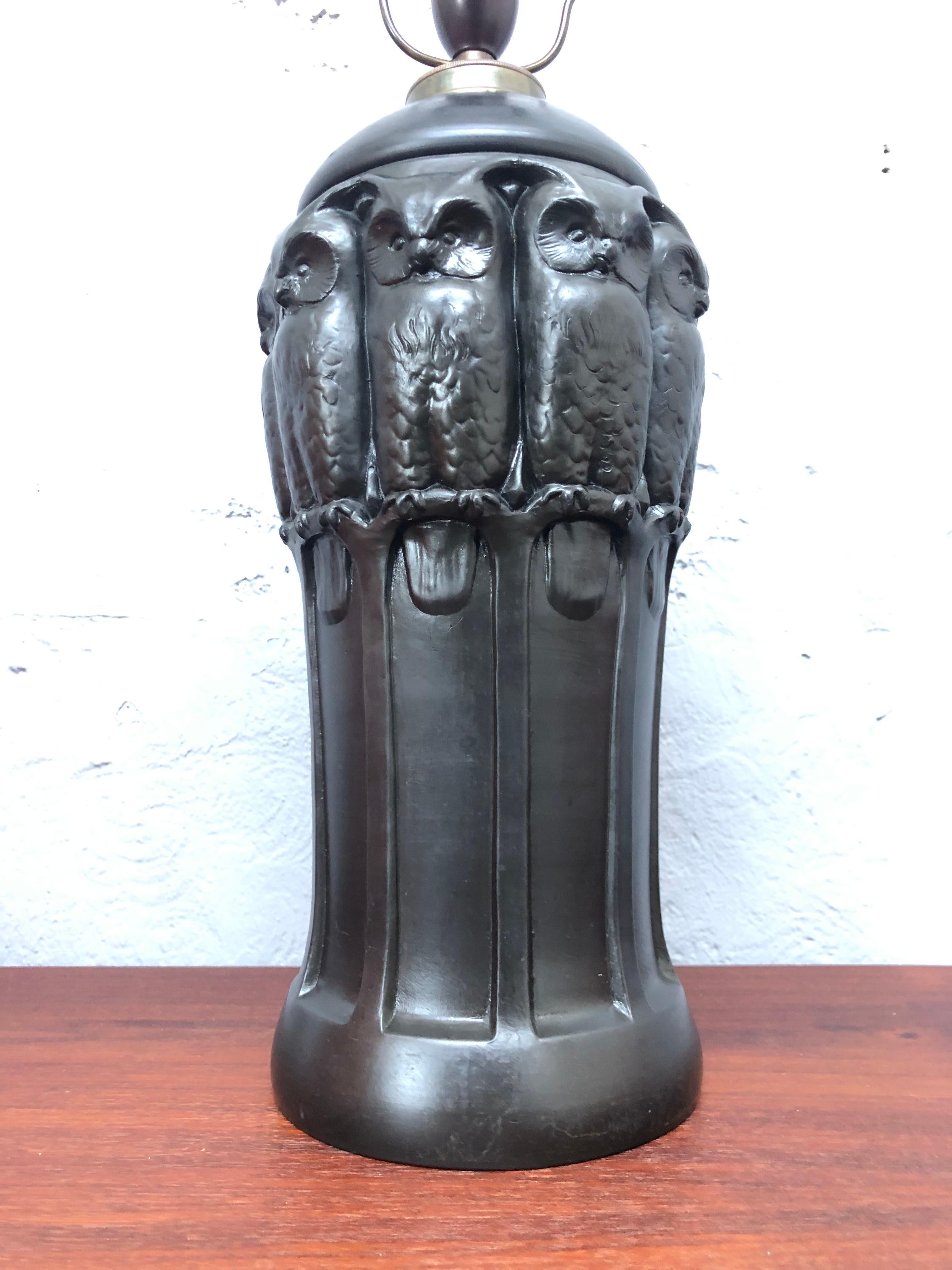 Victorian Antique Black Pottery Owl Table Lamp by L. Hjorth of Bornholm For Sale