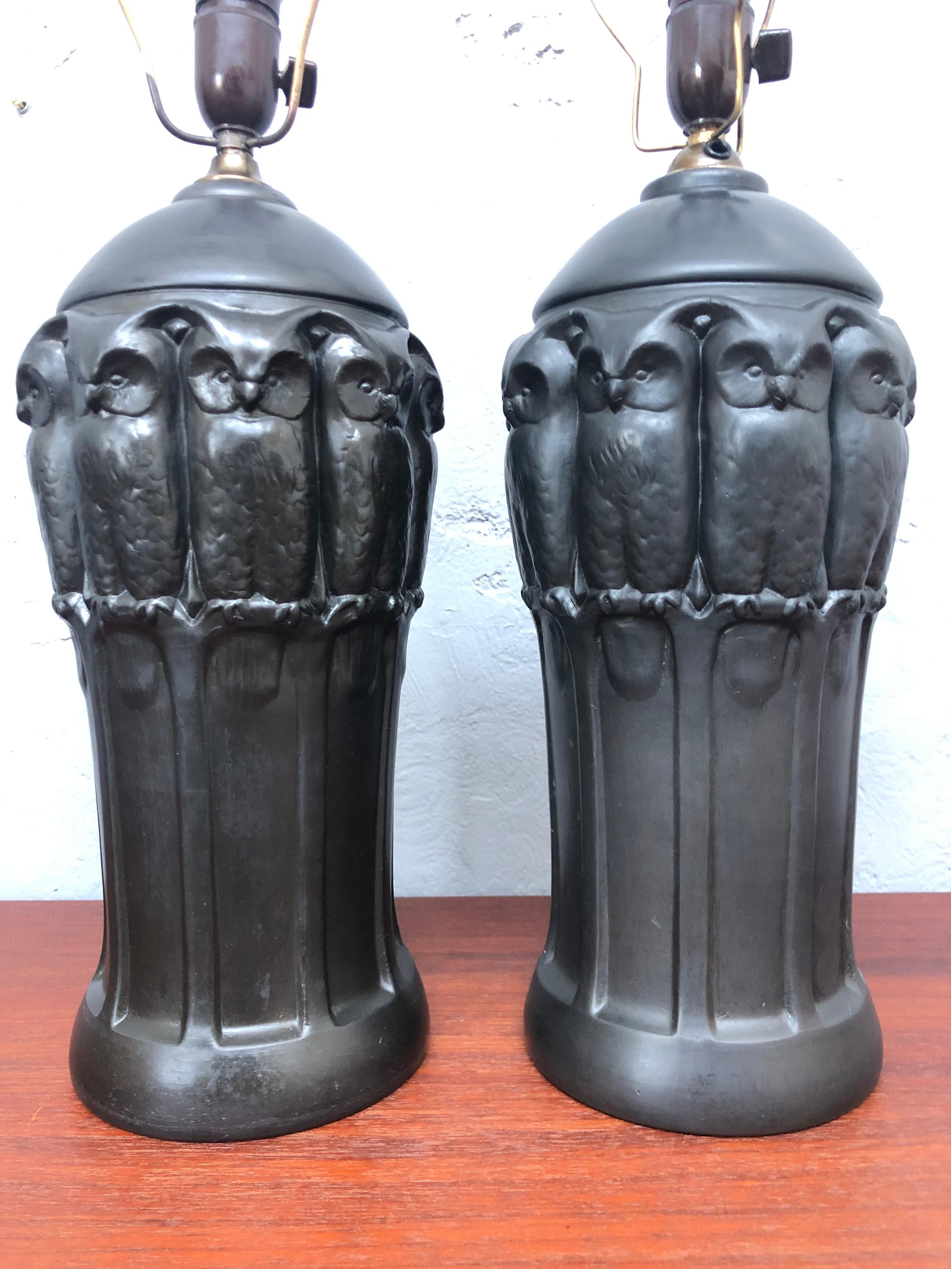 Danish Antique Black Pottery Owl Table Lamp by L. Hjorth of Bornholm For Sale
