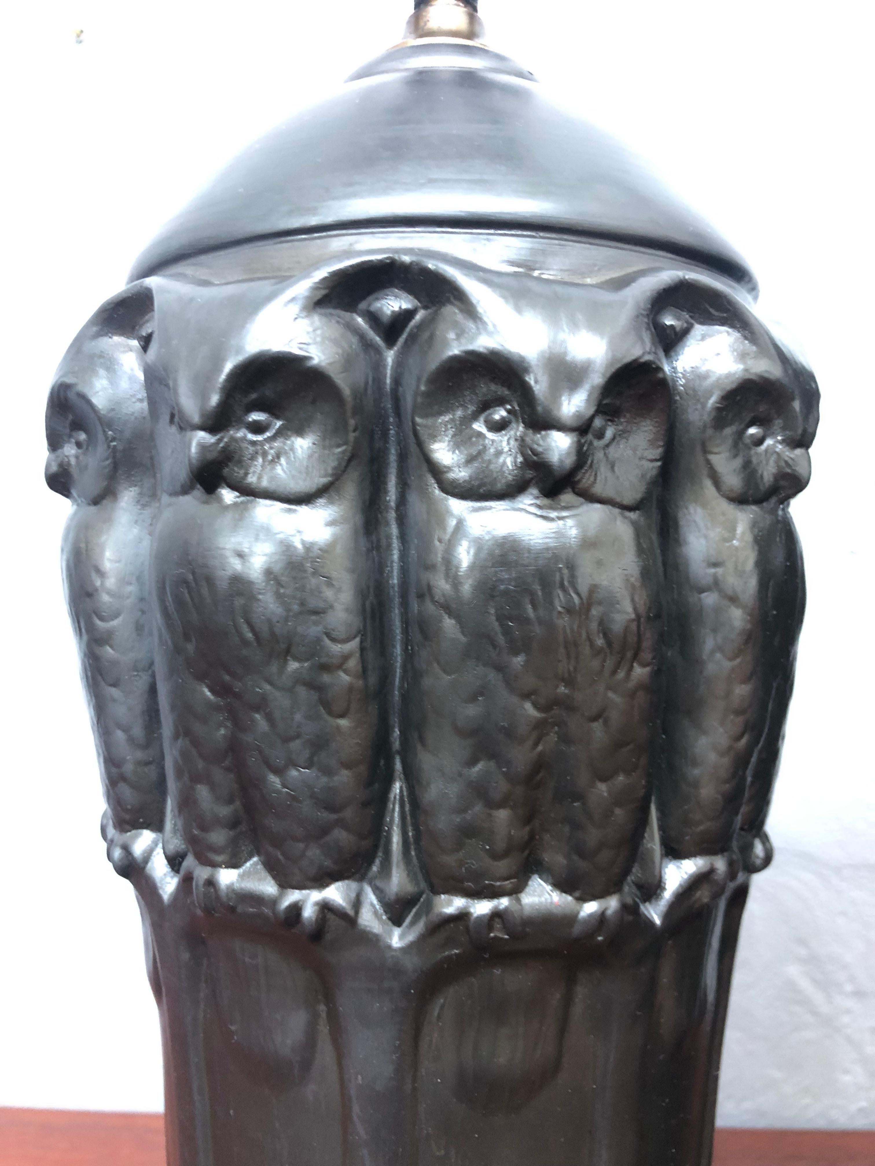 Hand-Crafted Antique Black Pottery Owl Table Lamp by L. Hjorth of Bornholm For Sale