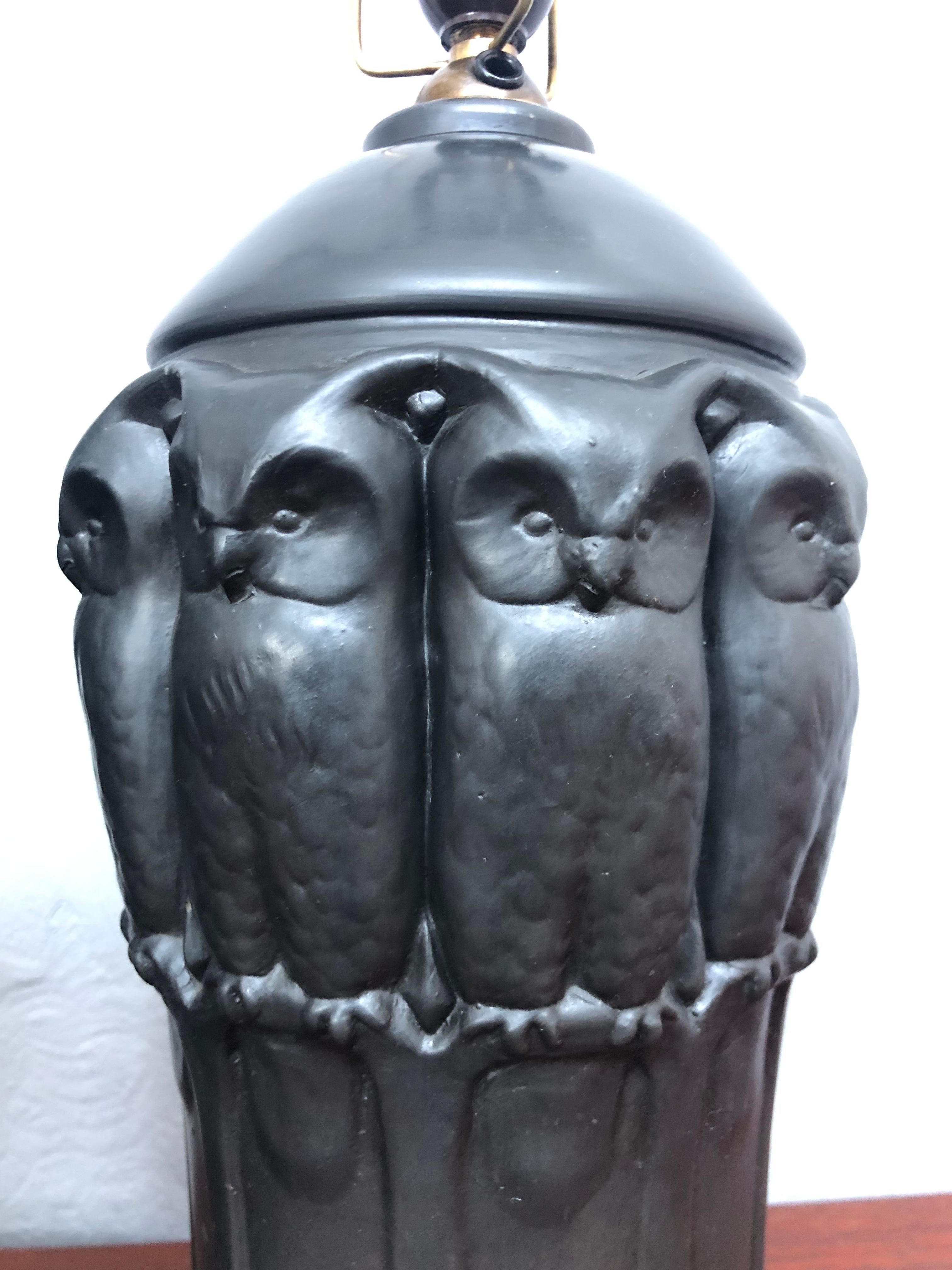 Early 20th Century Antique Black Pottery Owl Table Lamp by L. Hjorth of Bornholm For Sale