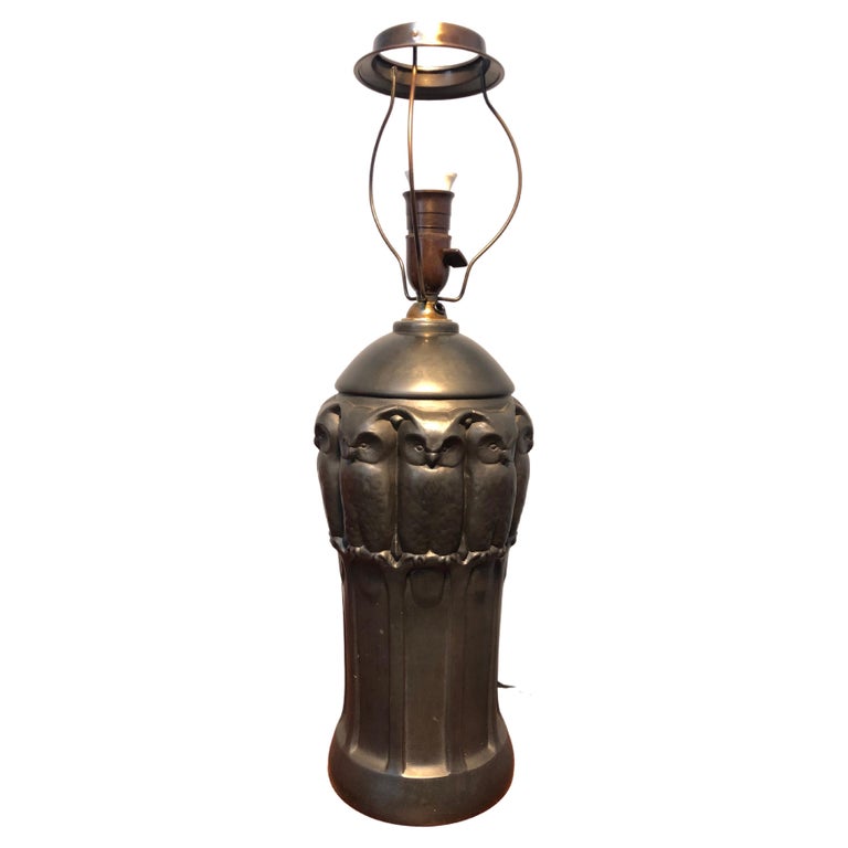 Antique Black Pottery Owl Table Lamp by L. Hjorth of Bornholm For Sale