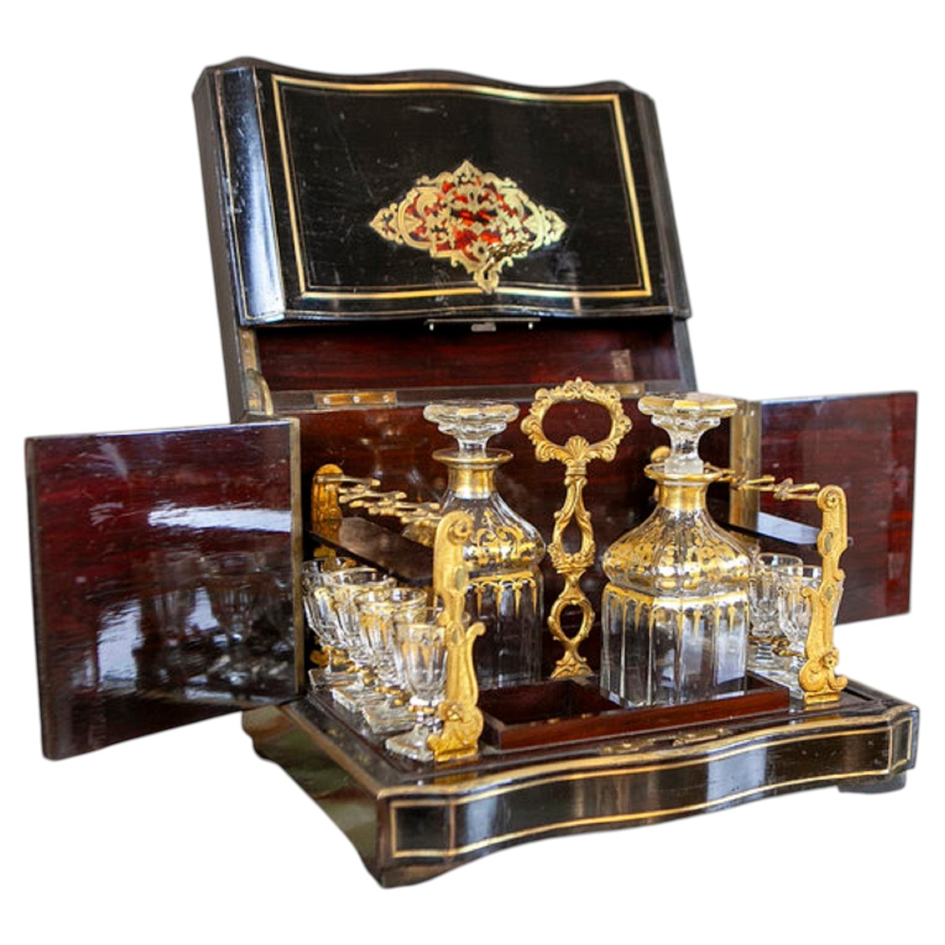 Antique Black Rosewood Liquor Case, 1890s, Set of 11