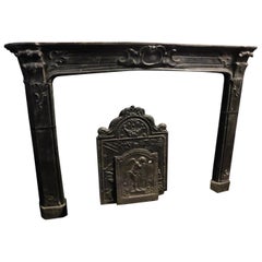 Antique Black Slate Fireplace Mantel, Italy 1800 Carved Cartouche