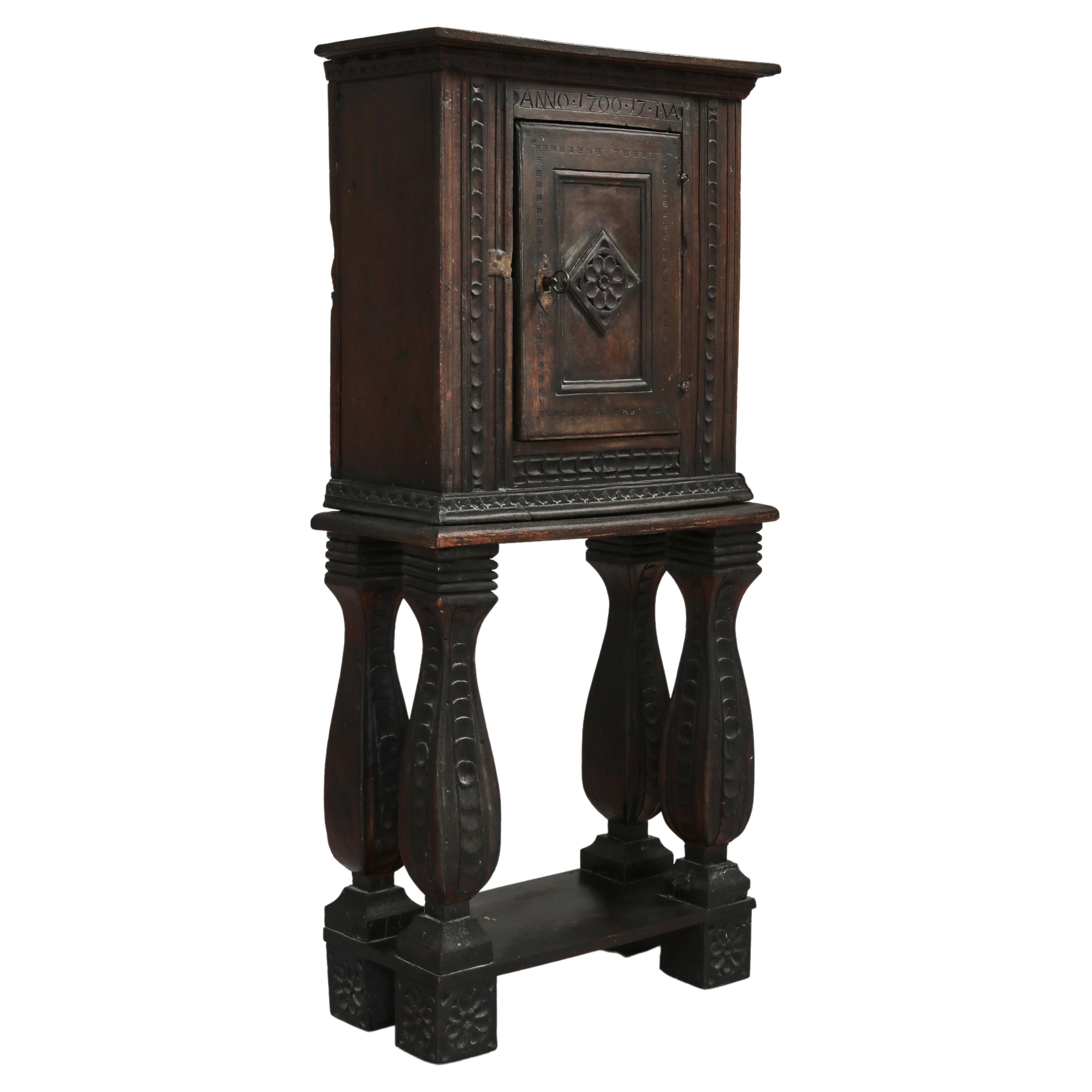 Antique Black Stained Baroque Cabinet in Dark Stained Carved Oak