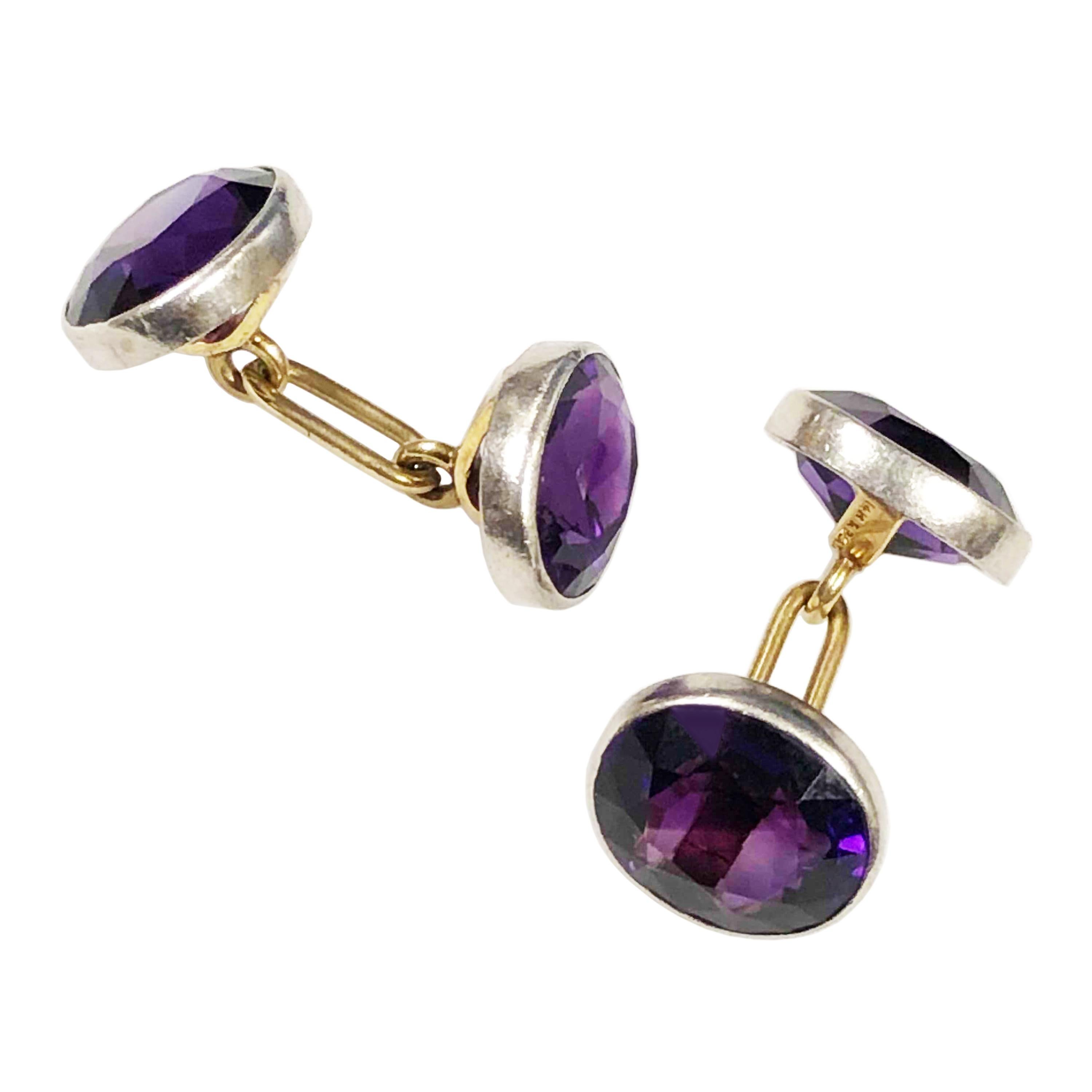 Oval Cut Antique Black Star and Frost Platinum Gold and Amethyst Cufflinks