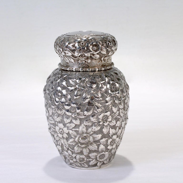 Antique Black, Starr, & Frost Floral Repousse Sterling Silver Tea Caddy In Good Condition For Sale In Philadelphia, PA