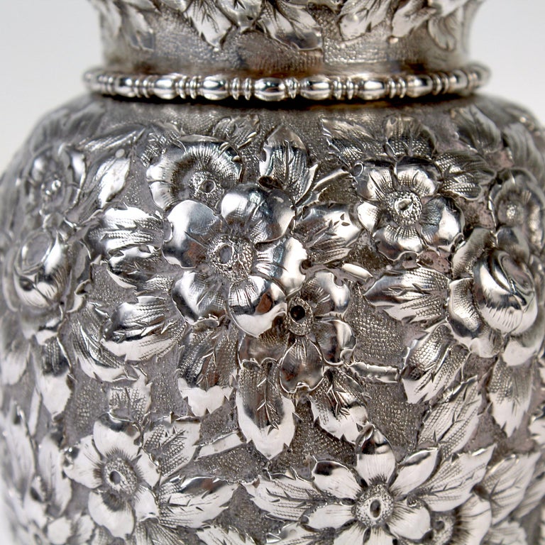 Antique Black, Starr, & Frost Floral Repousse Sterling Silver Tea Caddy For Sale 1
