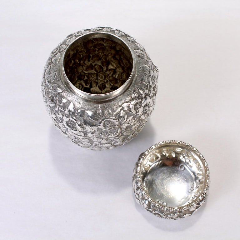 Antique Black, Starr, & Frost Floral Repousse Sterling Silver Tea Caddy For Sale 3