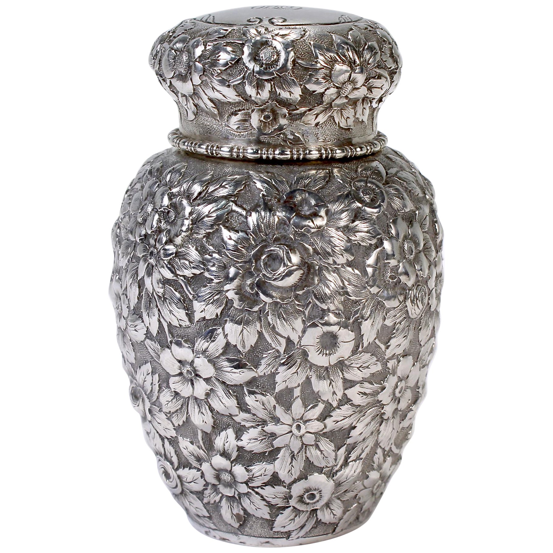 Antike antike schwarze, sternförmige und mattierte Repousse-Teekanne aus Sterlingsilber