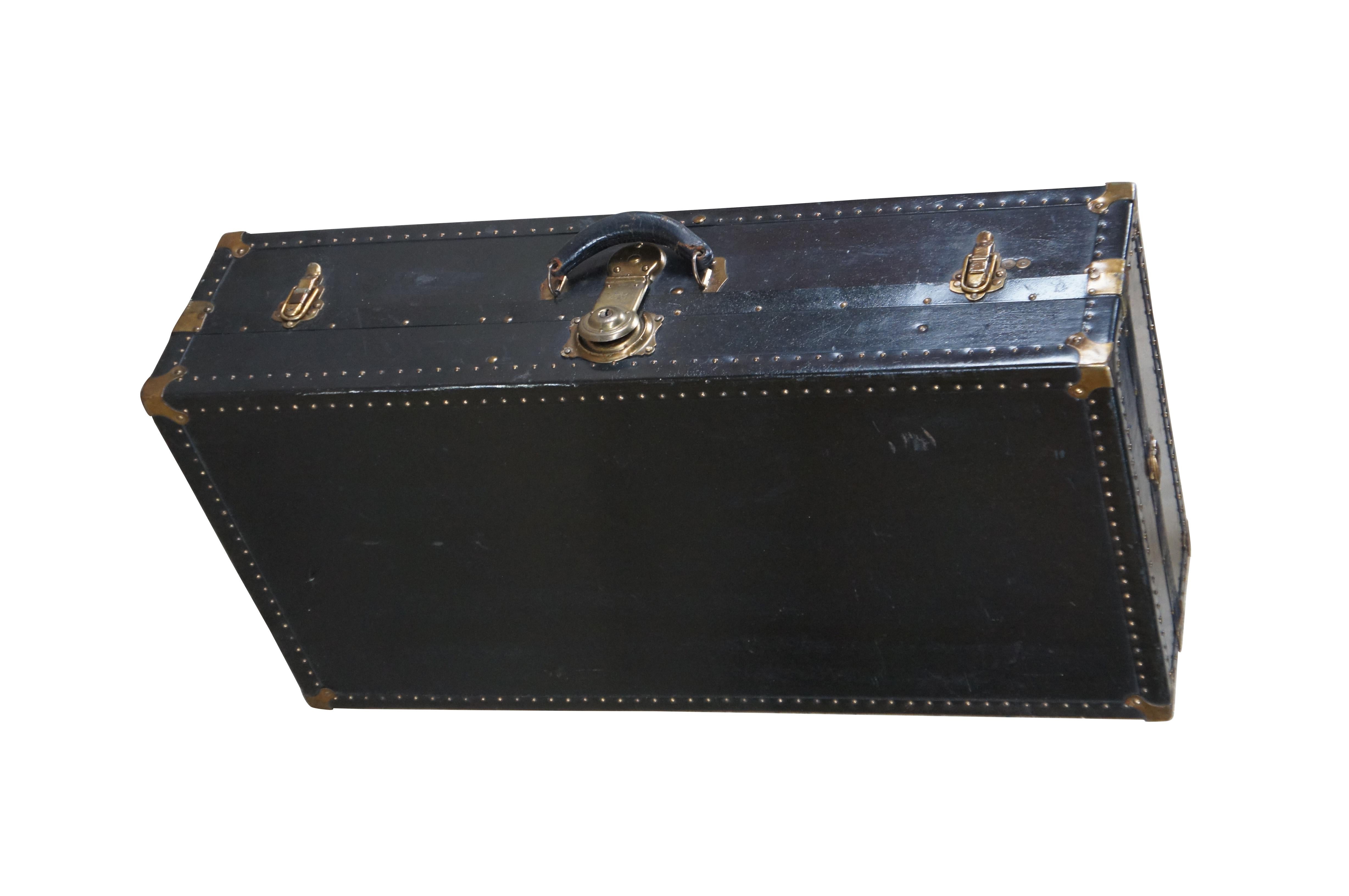 Antique Black Steamer Wardrobe Cabin Trunk Suitcase Luggage Footlocker In Fair Condition For Sale In Dayton, OH