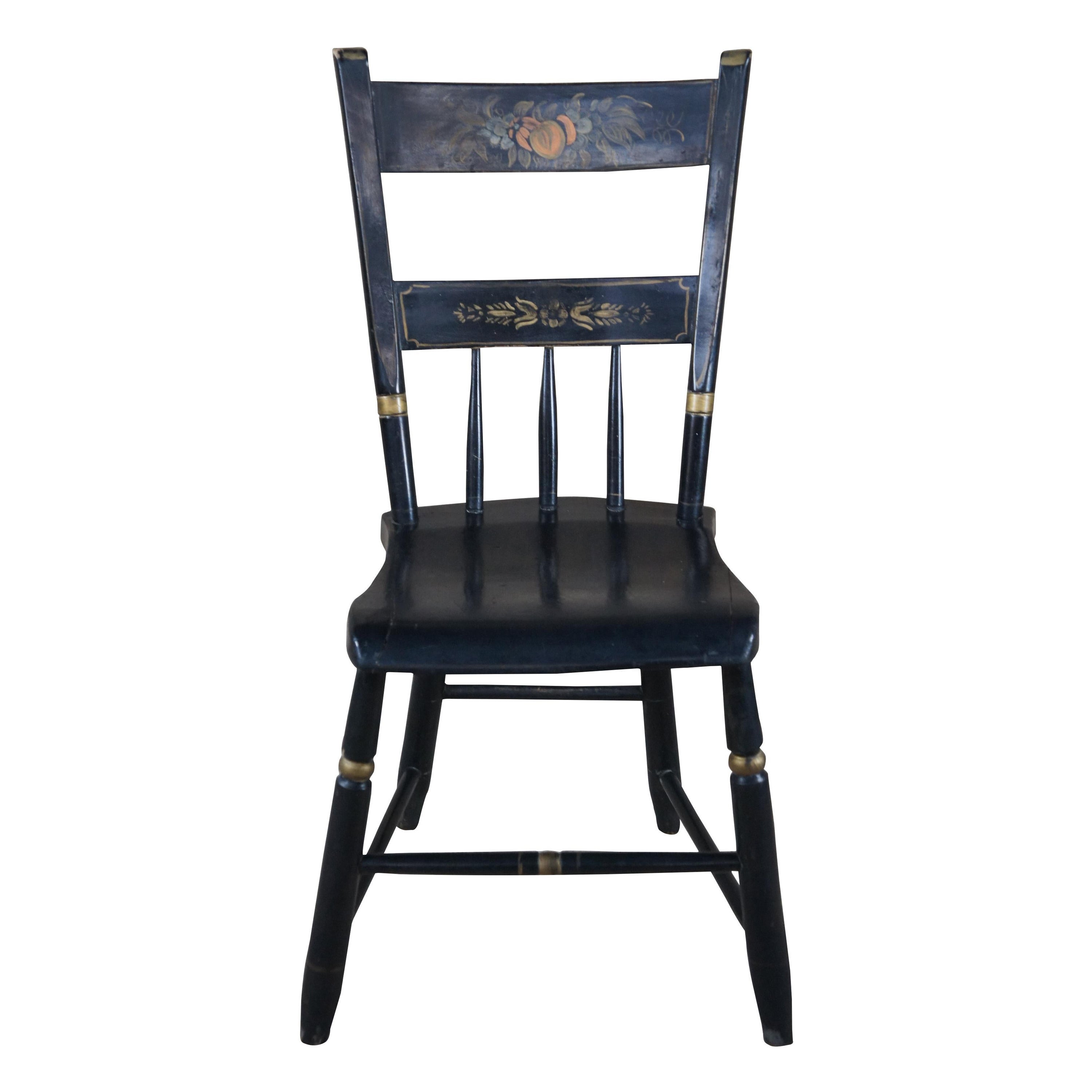 Antique Black Stenciled Hitchcock Style Plank Windsor Country Farmhouse Chair