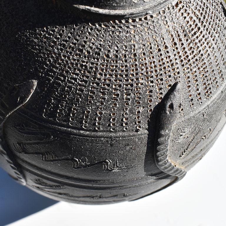 Folk Art Antique Black Stoneware Etched Snake Motif Vase, Signed