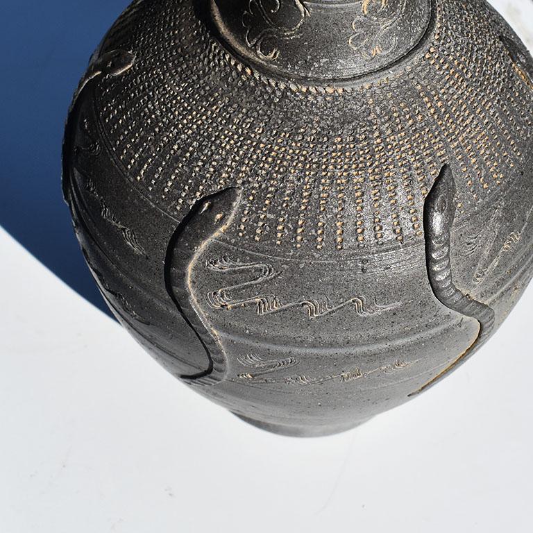20th Century Antique Black Stoneware Etched Snake Motif Vase, Signed