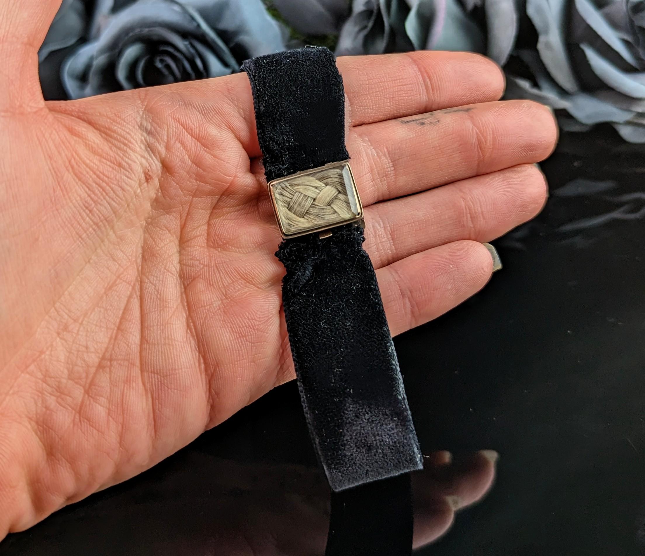 Georgian Antique Black Velvet Mourning Choker, Necklace, 9 Karat Rose Gold and Hairwork 