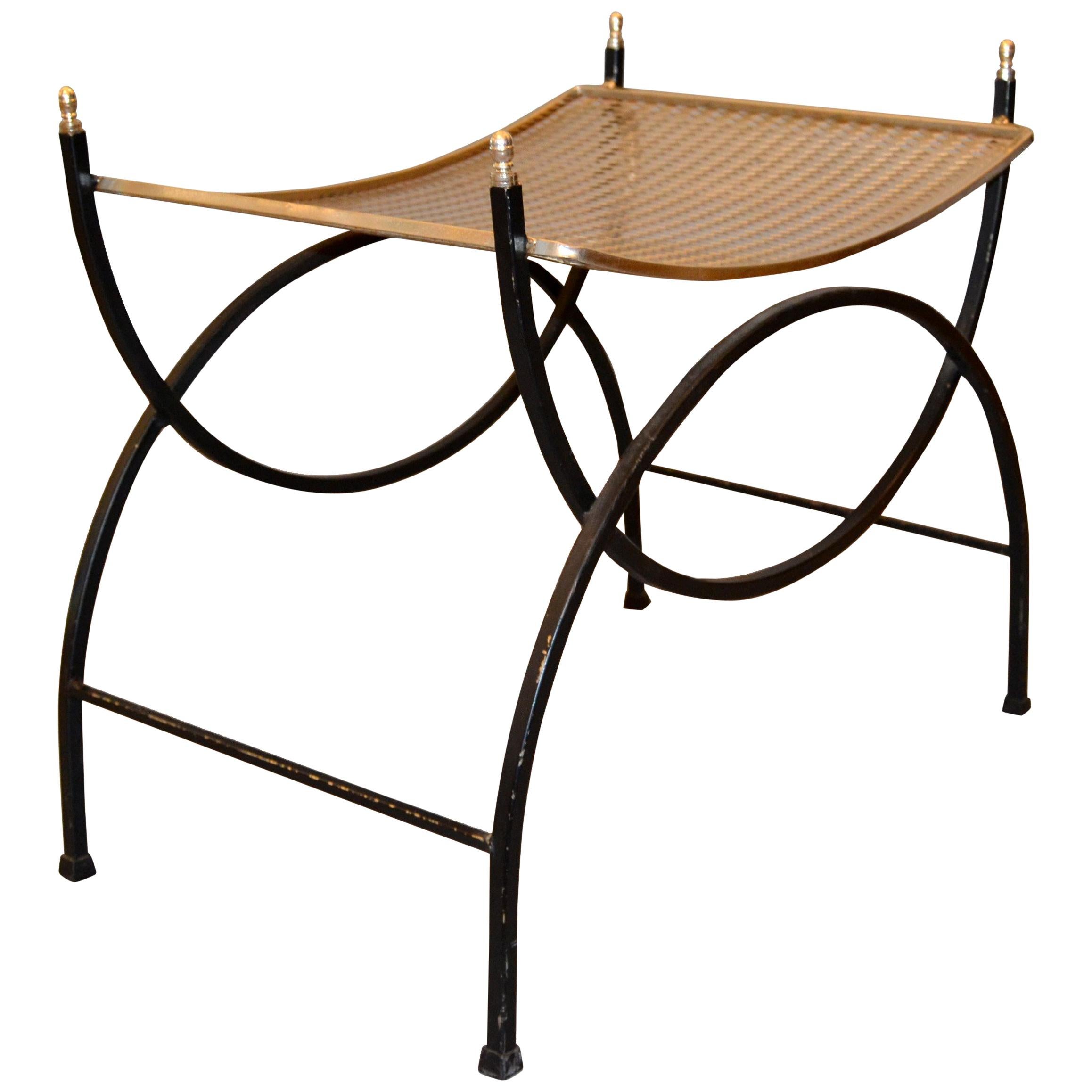 Antique Black Wrought Iron and Silver Metal Bench or Stool