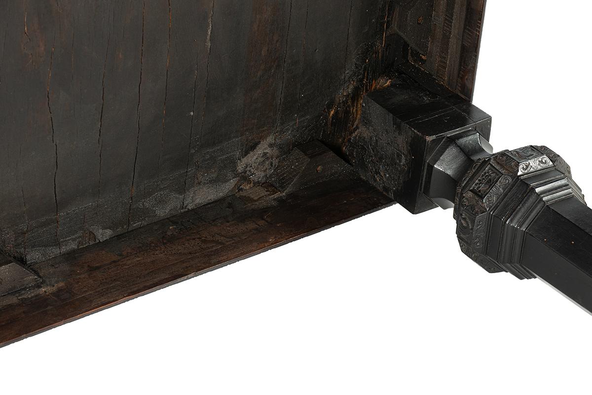Antique  blackened walnut French Large Square Orientalistic Coffee Table For Sale 6