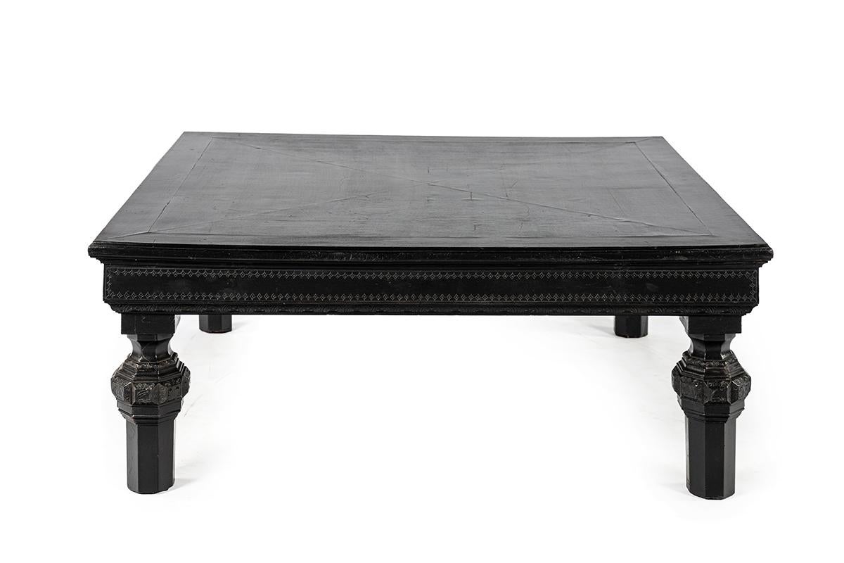 Blackened Antique  blackened walnut French Large Square Orientalistic Coffee Table For Sale