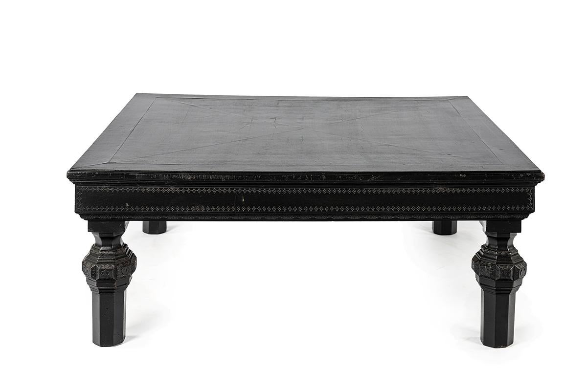 19th Century Antique  blackened walnut French Large Square Orientalistic Coffee Table For Sale
