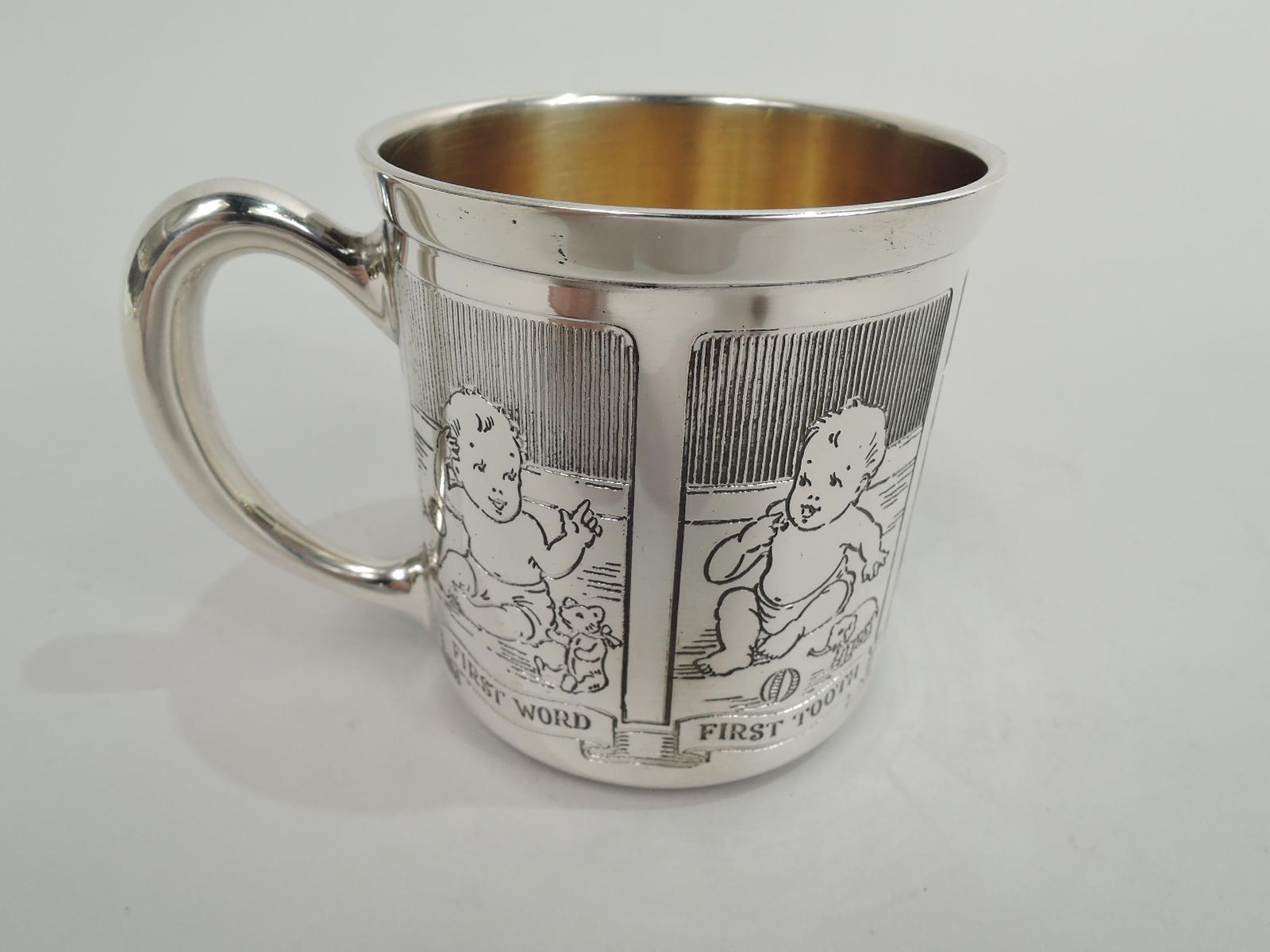 First Step sterling silver baby cup. Made by Blackinton in North Attleboro, ca 1920. Straight sides and c-scroll handle. Rectangular frames with sweet fat baby achieving baby firsts: Word, tooth, creeping, and step. Another frame for engraving the