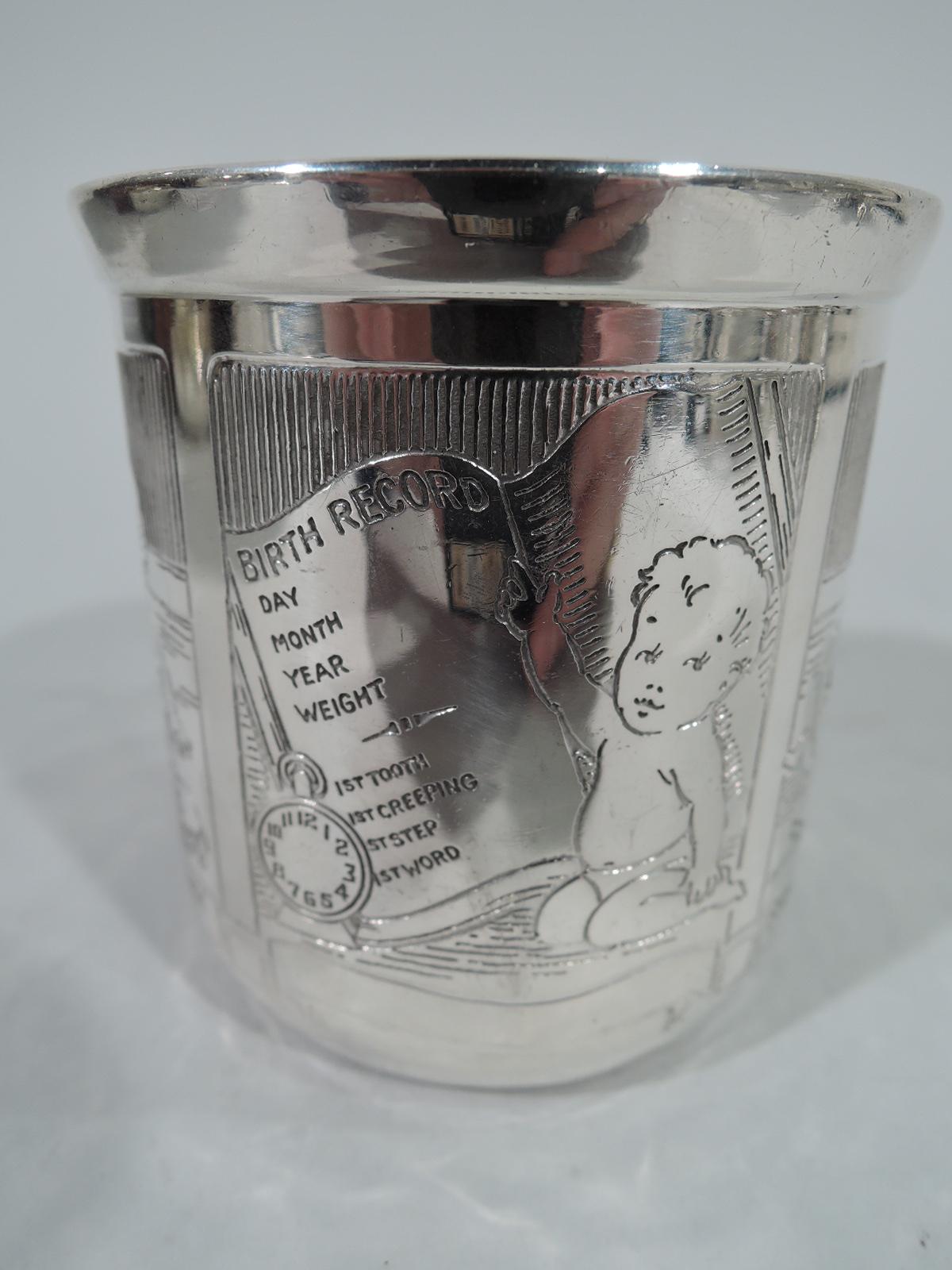 First step sterling silver baby cup. Made by Blackinton in North Attleboro, circa 1920. Straight sides and C-scroll handle. Rectangular frames engraved with sweet fat baby achieving baby firsts: First word, tooth, creeping, and step. Another frame