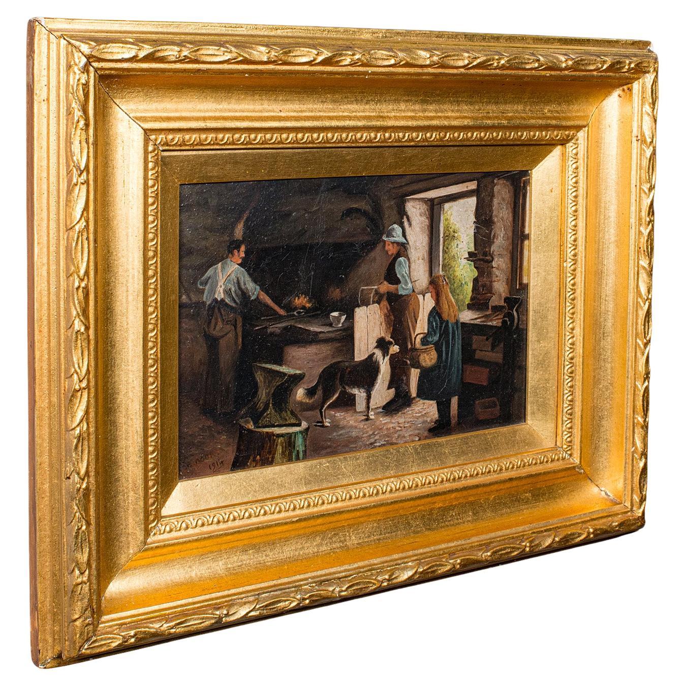 Antique Blacksmith
s Cottage Painting, English School, Art, Picture, Figural im Angebot