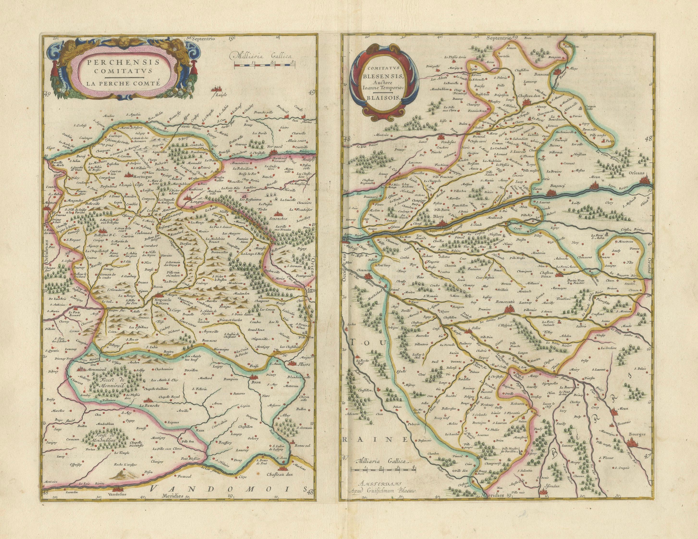 Antique Blaeu Double Map of Perche, Blois, Orléans and Tours, 1642