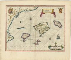 Antique Blaeu Map Mallorca Ibiza Balearic Islands, Mediterranean, 1642