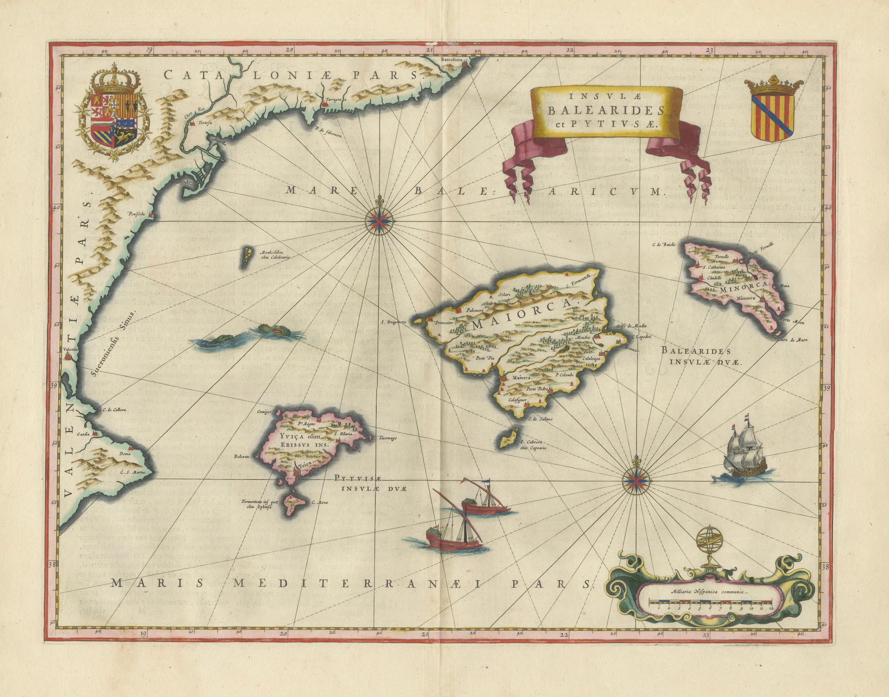 Antique Blaeu Map Mallorca Ibiza Balearic Islands, Mediterranean, 1642