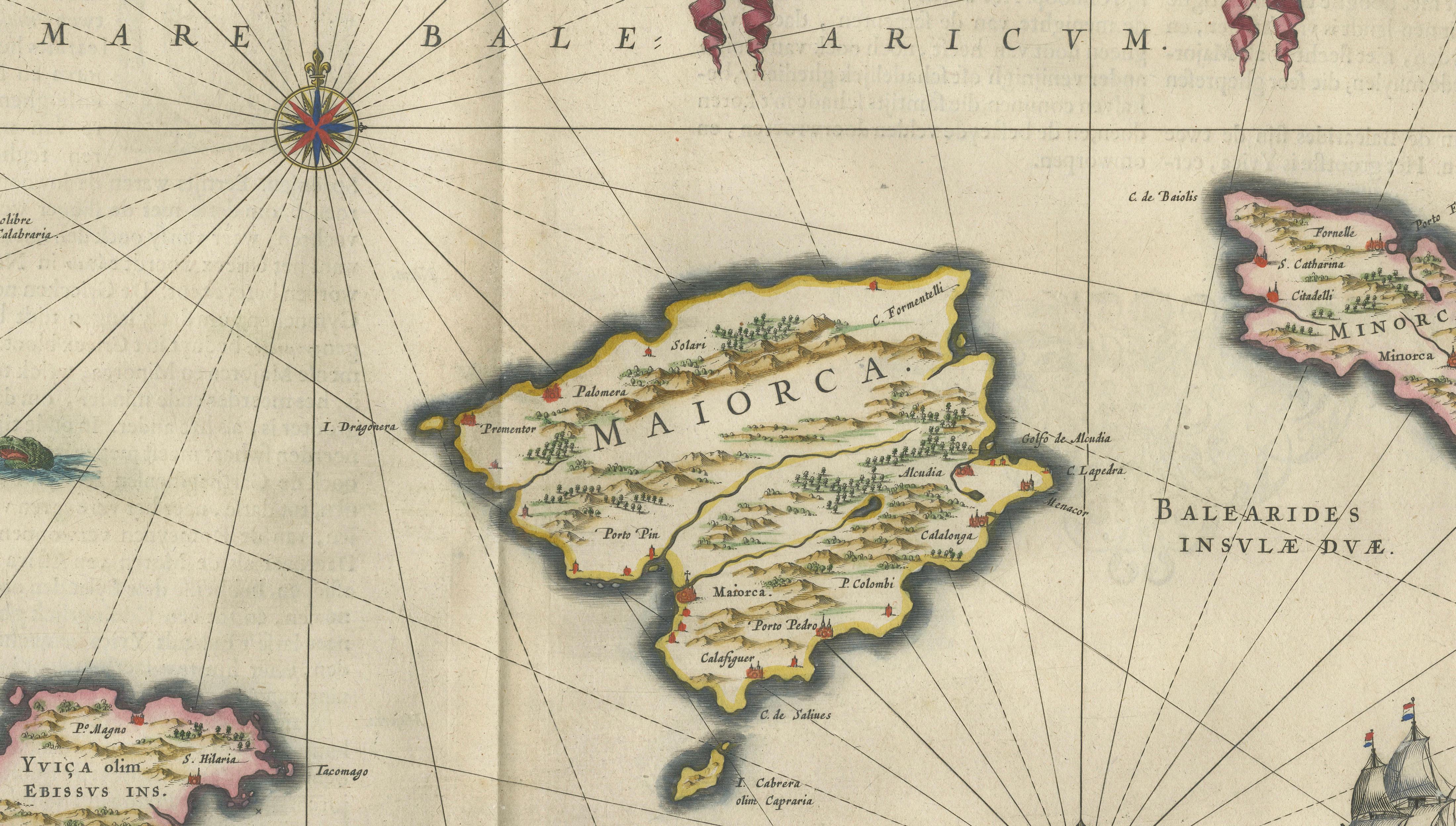 Antique Blaeu Map Mallorca Ibiza Balearic Islands, Mediterranean, 1642