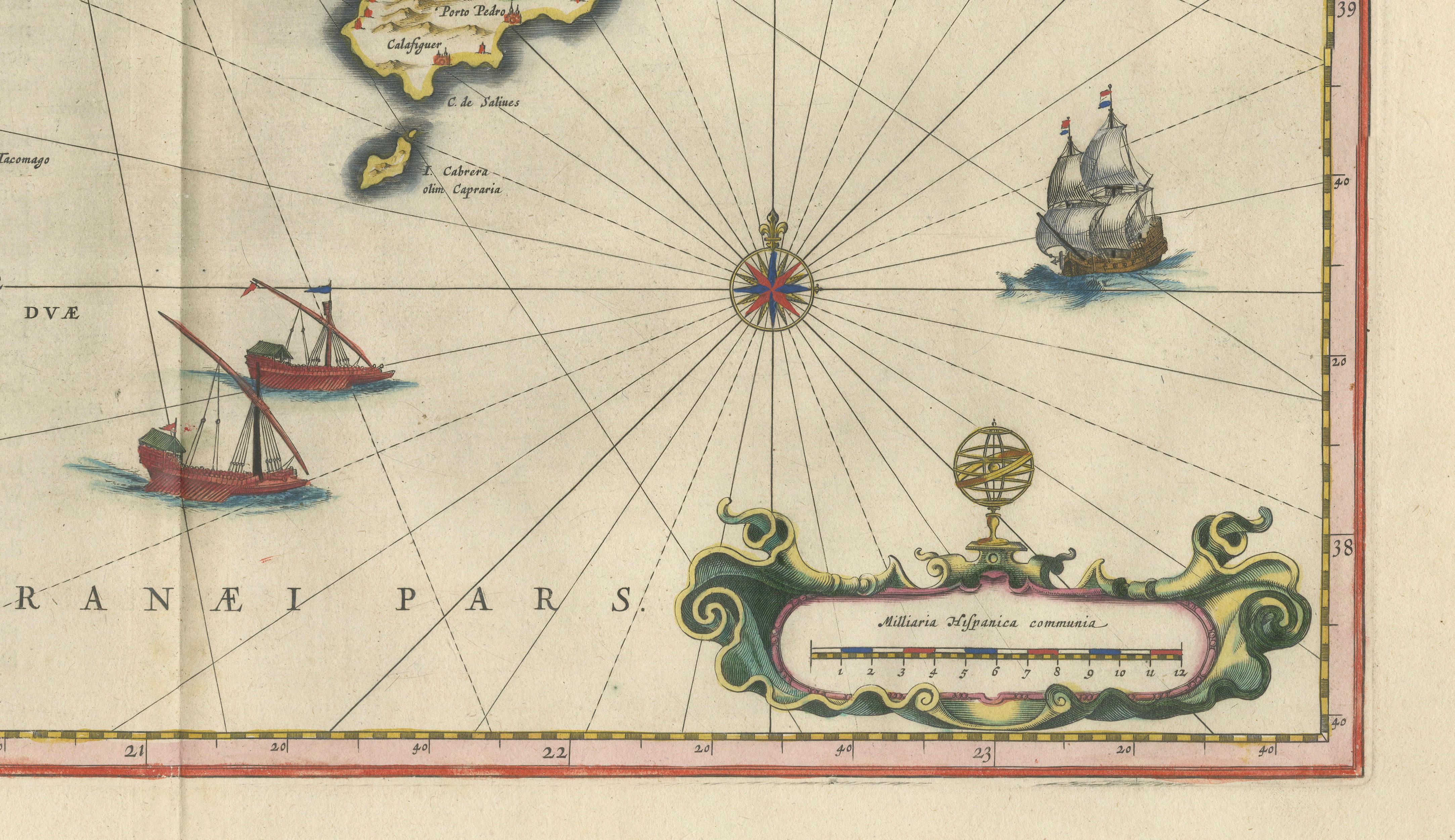 Antique Blaeu Map Mallorca Ibiza Balearic Islands, Mediterranean, 1642