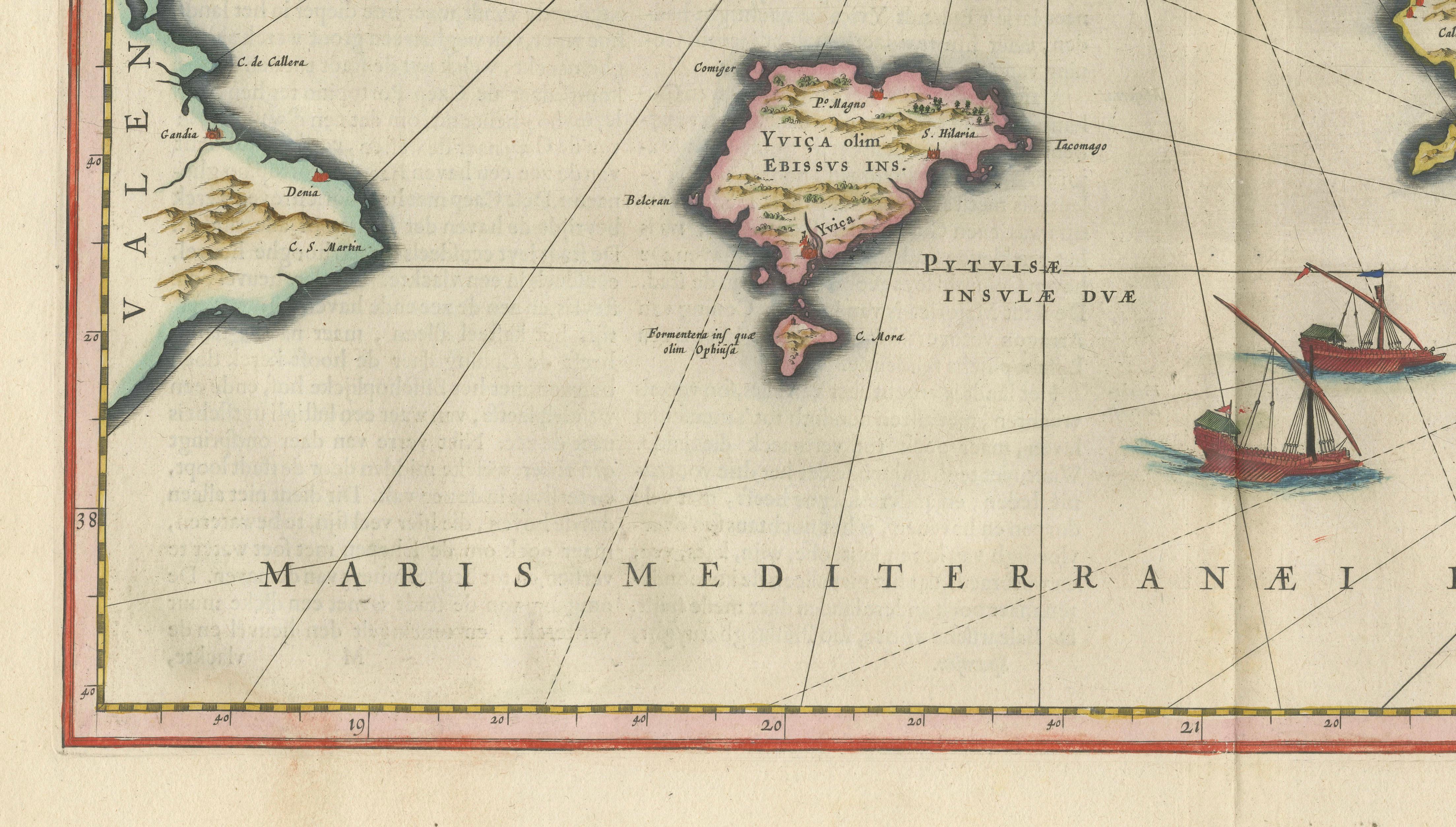 Antique Blaeu Map Mallorca Ibiza Balearic Islands, Mediterranean, 1642