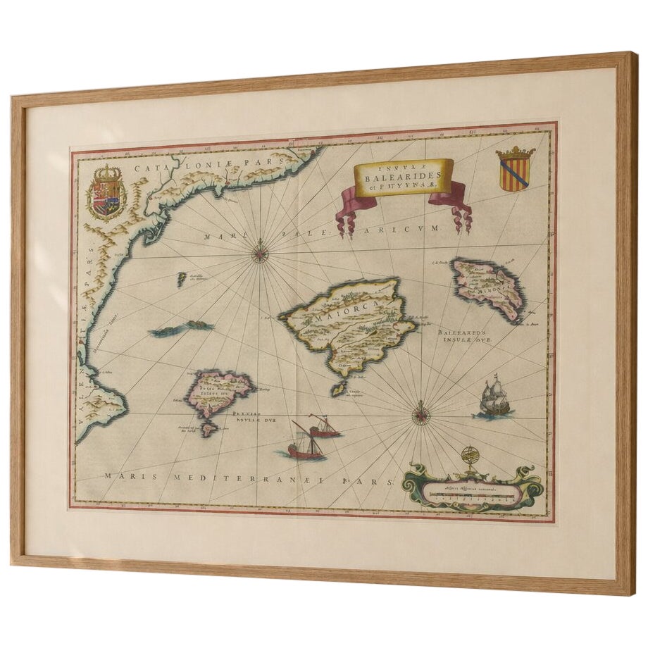Antique Blaeu Map Mallorca Ibiza Balearic Islands, Mediterranean, 1642