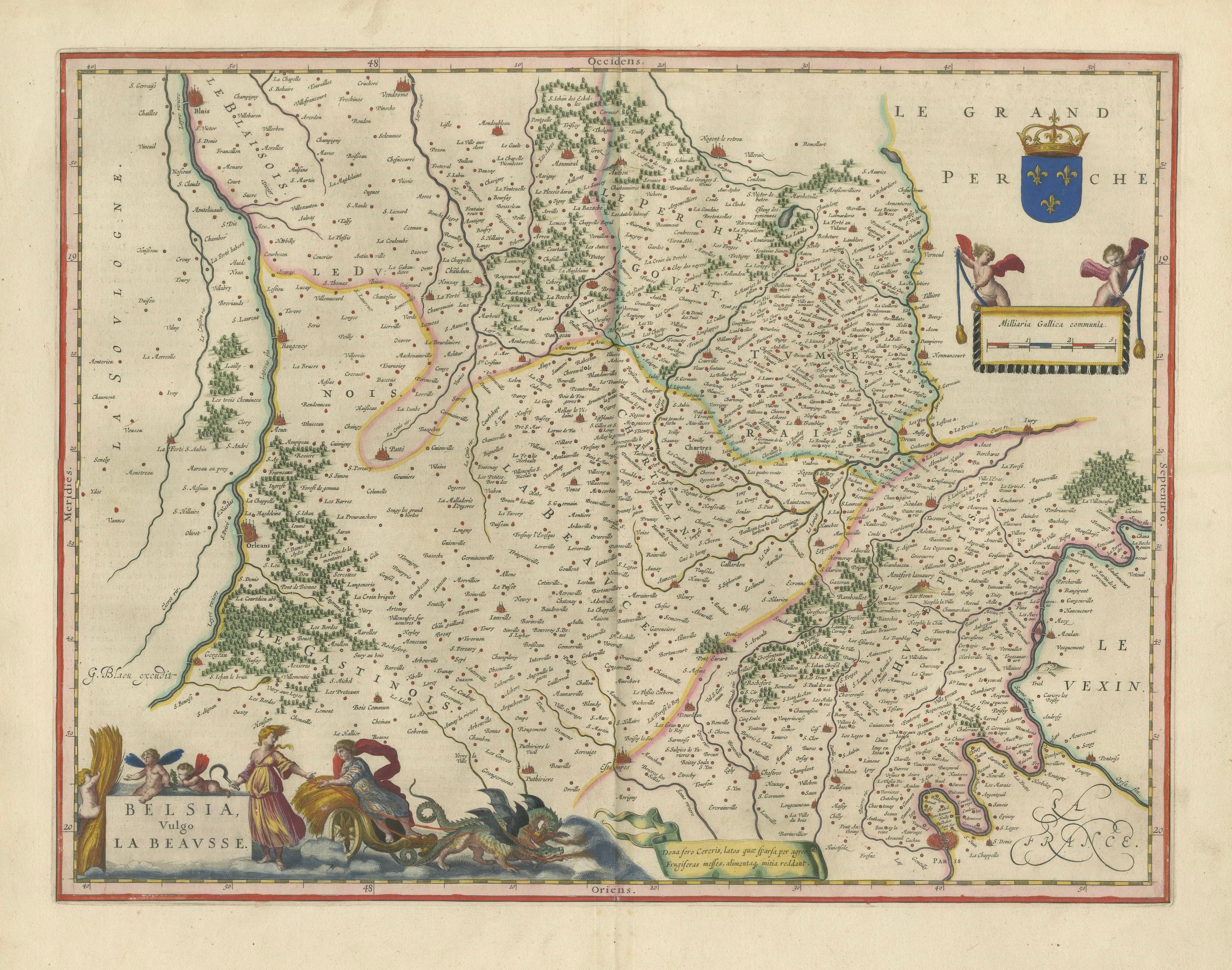 Antique Blaeu Map of Beauce & Perche France, c. 1642 Hand Color