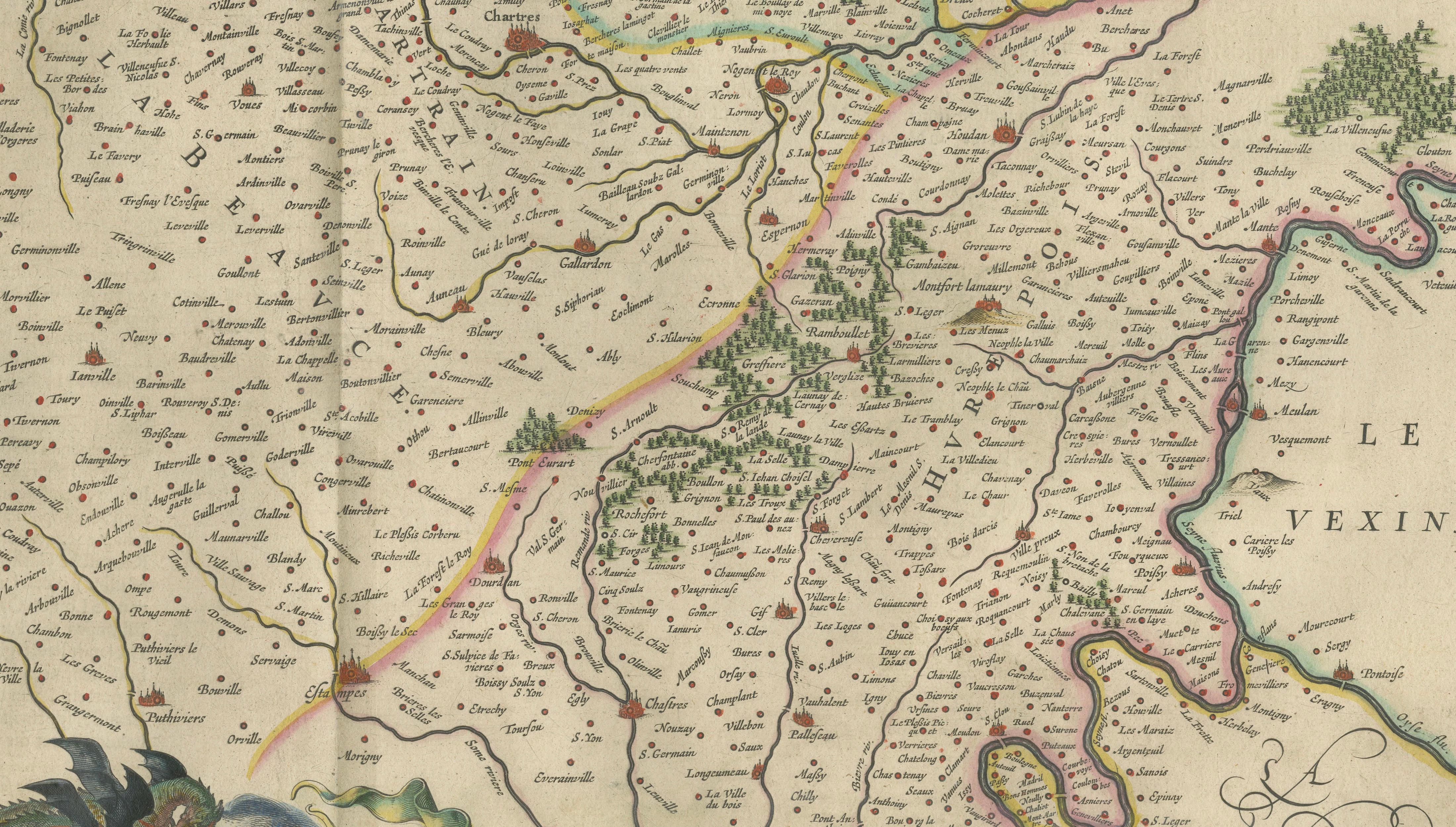 Antique Blaeu Map of Beauce & Perche France, c. 1642 Hand Color