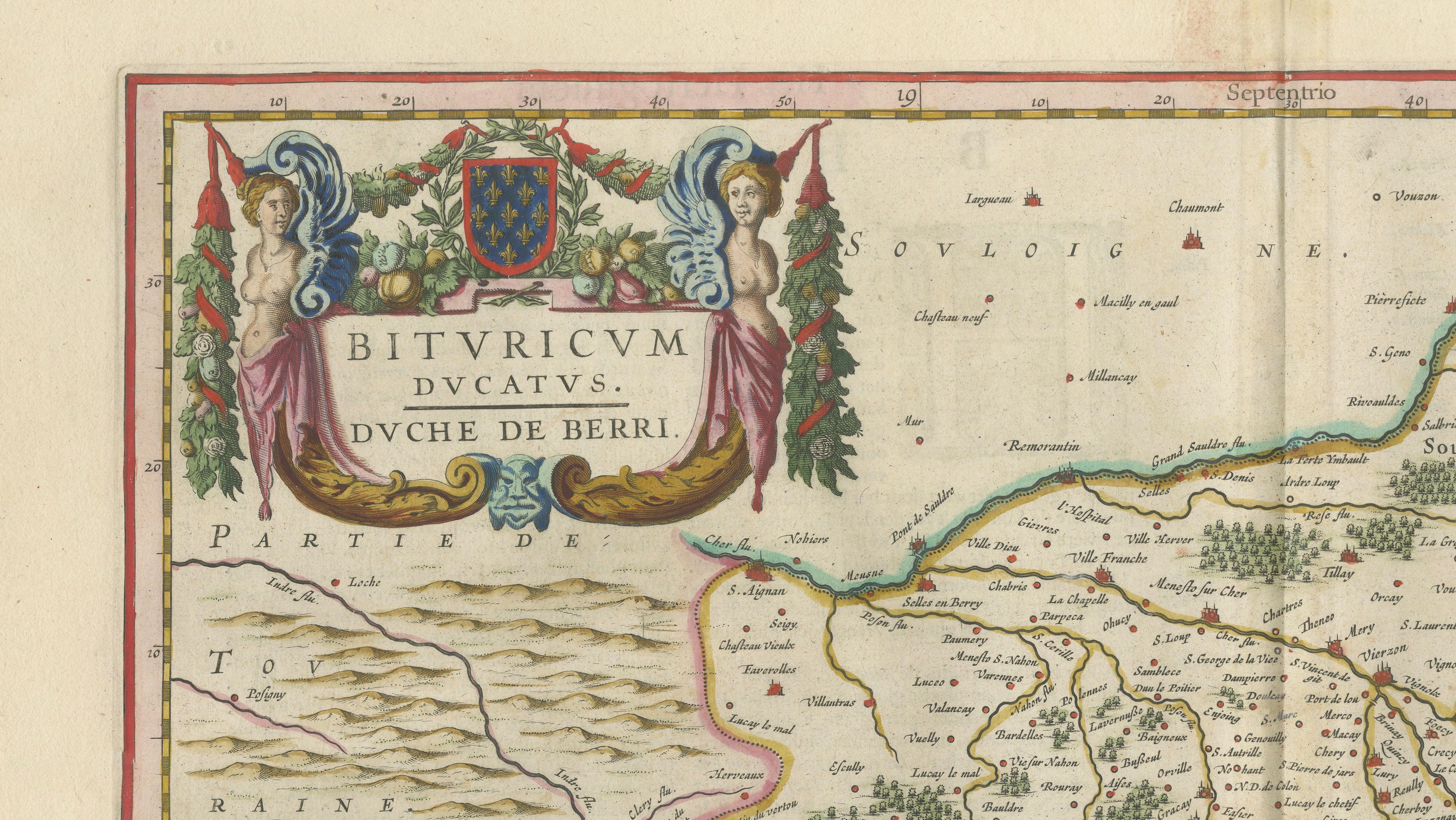 Antique Blaeu Map of Berry, Bourges and Sancerre, France, 1642