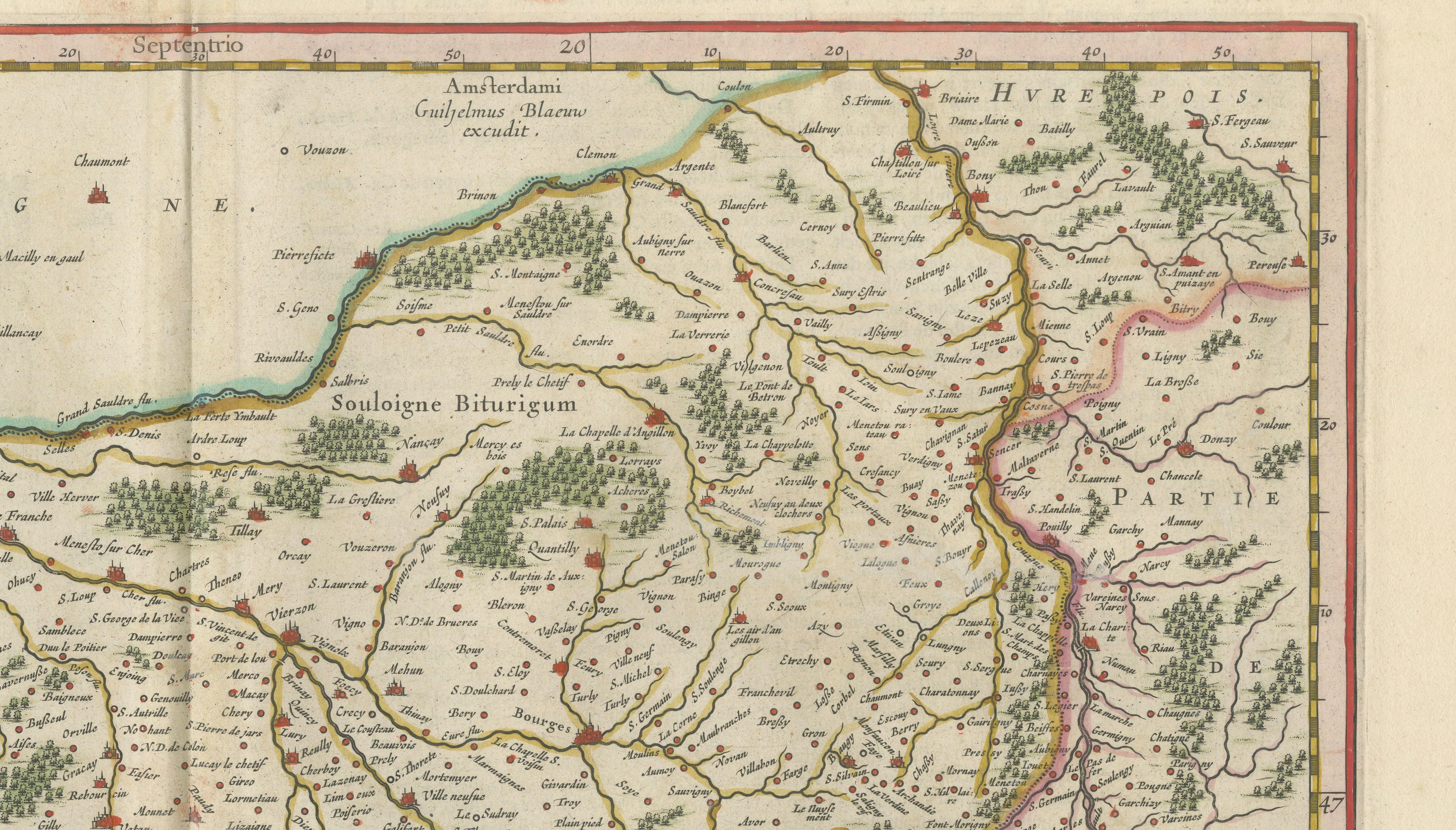 Antique Blaeu Map of Berry, Bourges and Sancerre, France, 1642