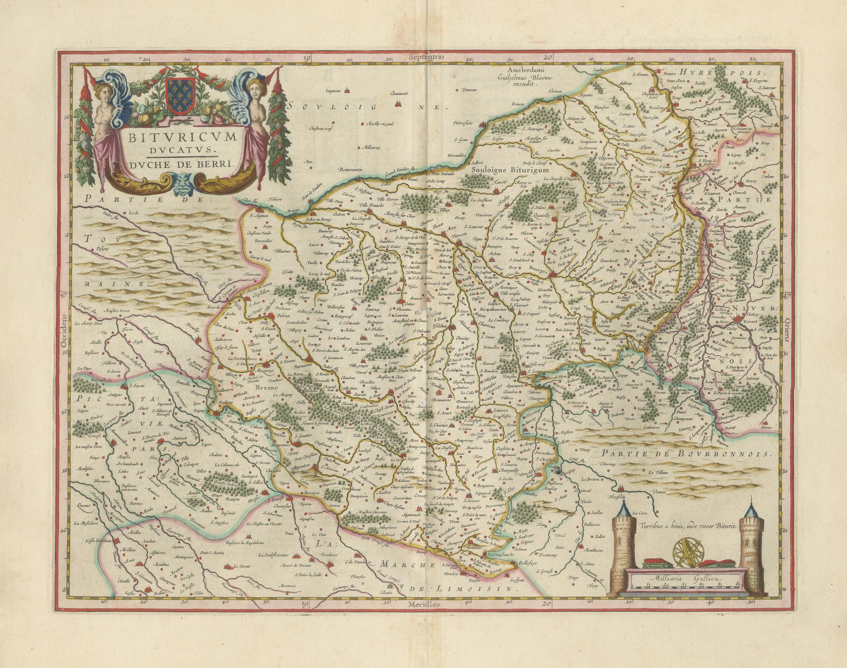 Antique Blaeu Map of Berry, Bourges and Sancerre, France, 1642 For Sale