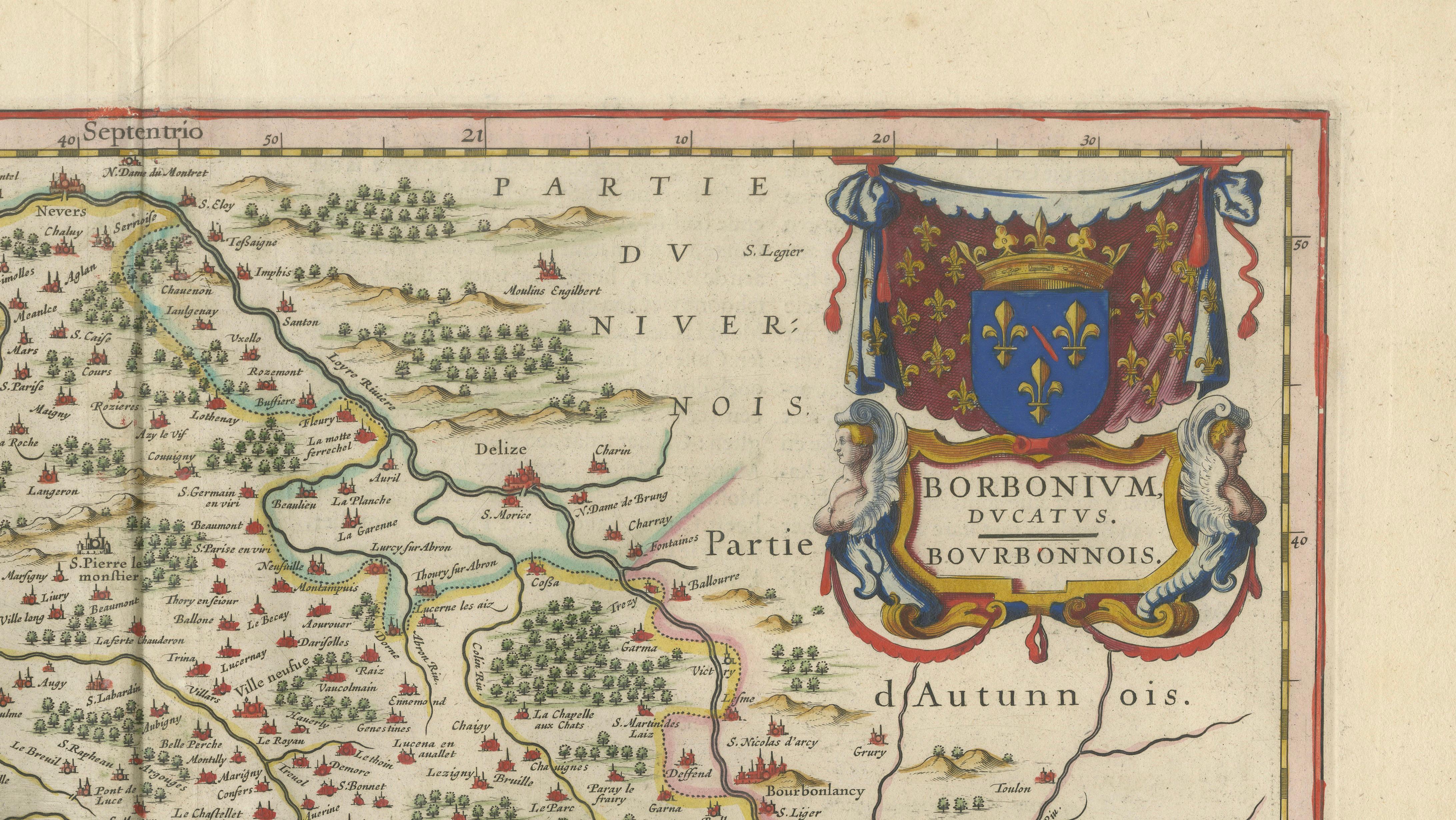 Antique Blaeu Map of Bourbonnais, Moulins and Vichy, France, 1642