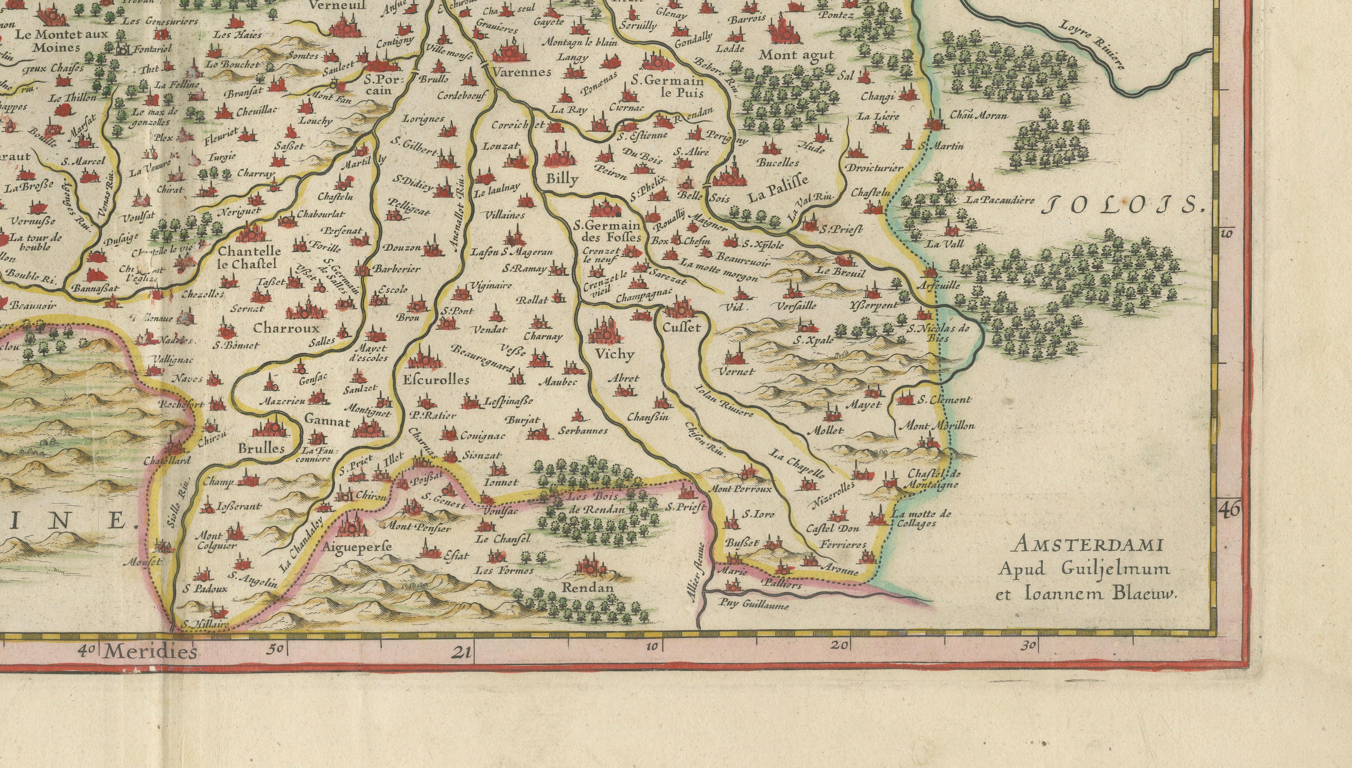 Antique Blaeu Map of Bourbonnais, Moulins and Vichy, France, 1642