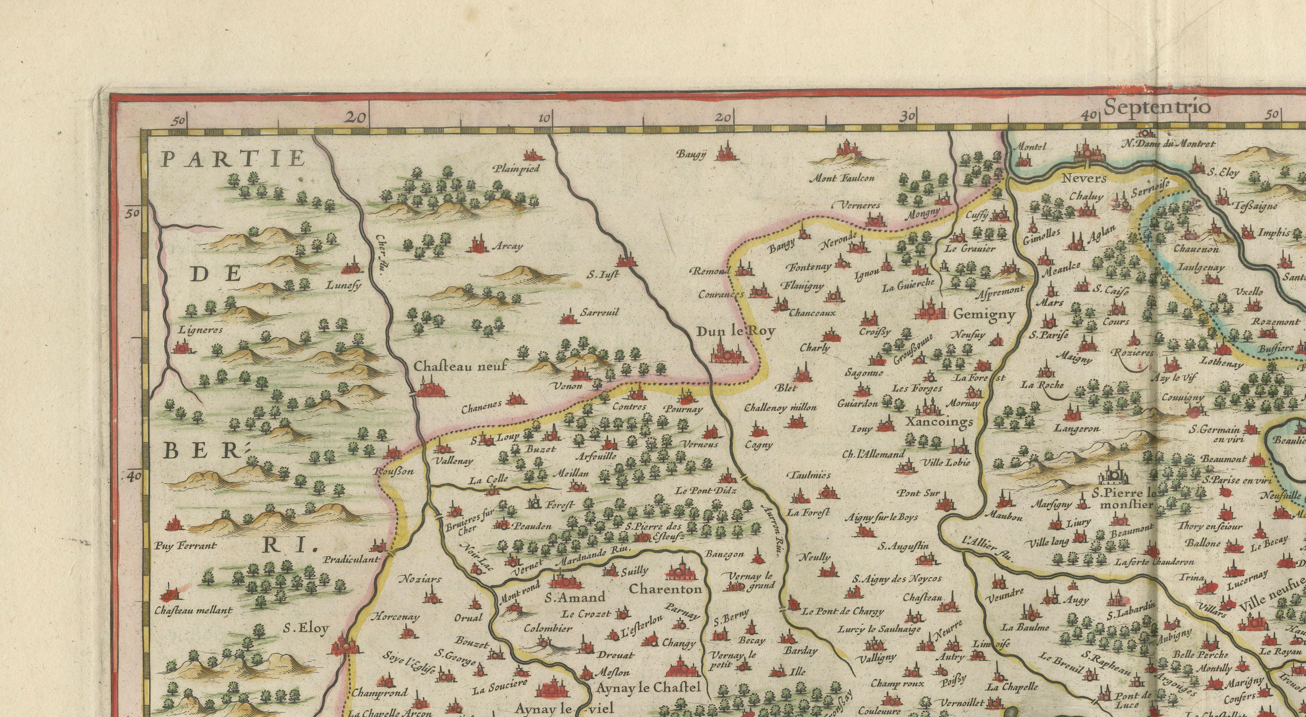 Antique Blaeu Map of Bourbonnais, Moulins and Vichy, France, 1642
