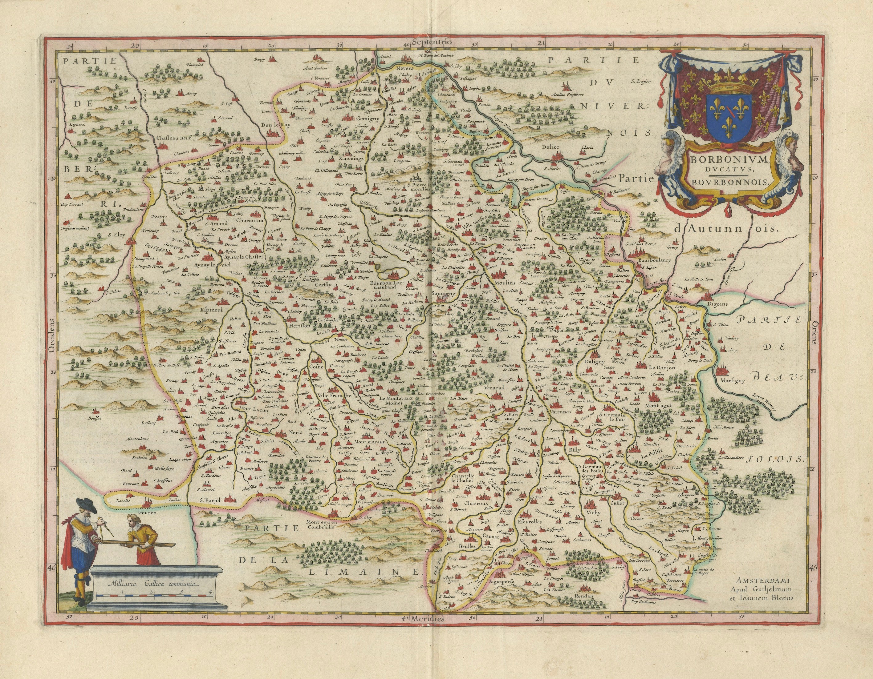 Antique Blaeu Map of Bourbonnais, Moulins and Vichy, France, 1642