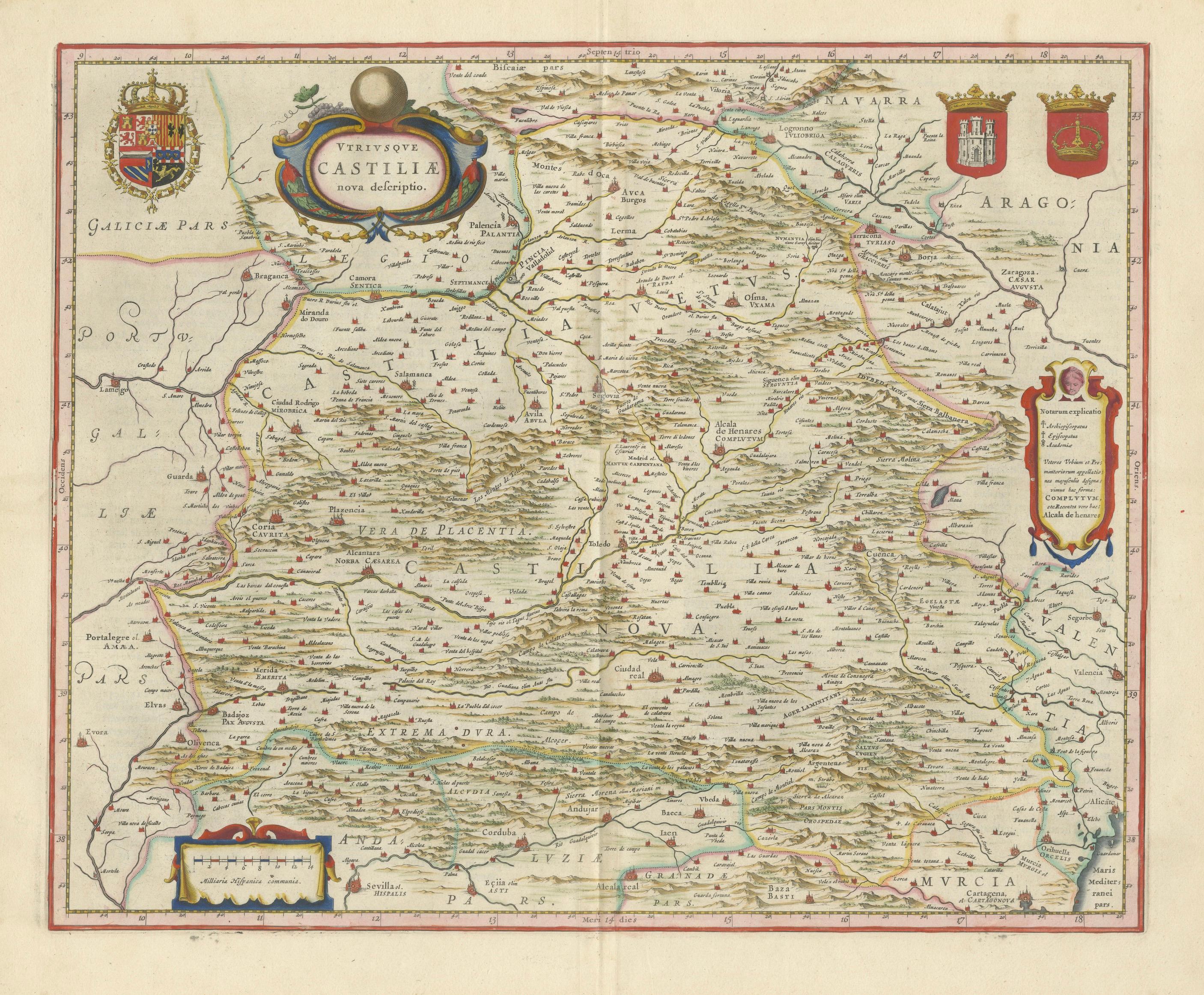 Antique Blaeu Map of Castile Spain, Castilla León Madrid Toledo, 1642