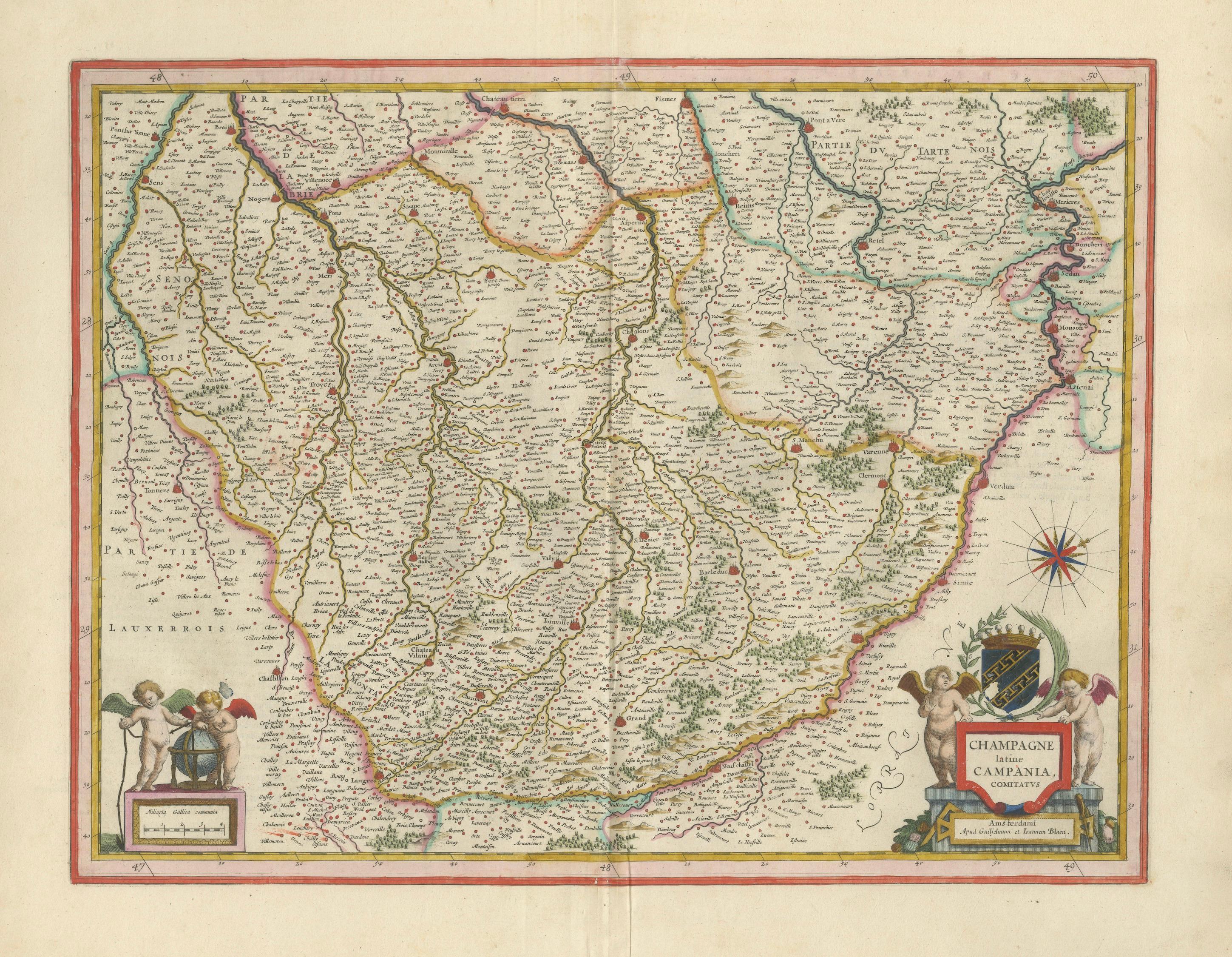 Antique Blaeu Map of Champagne France, Campania Comitatus, c. 1642