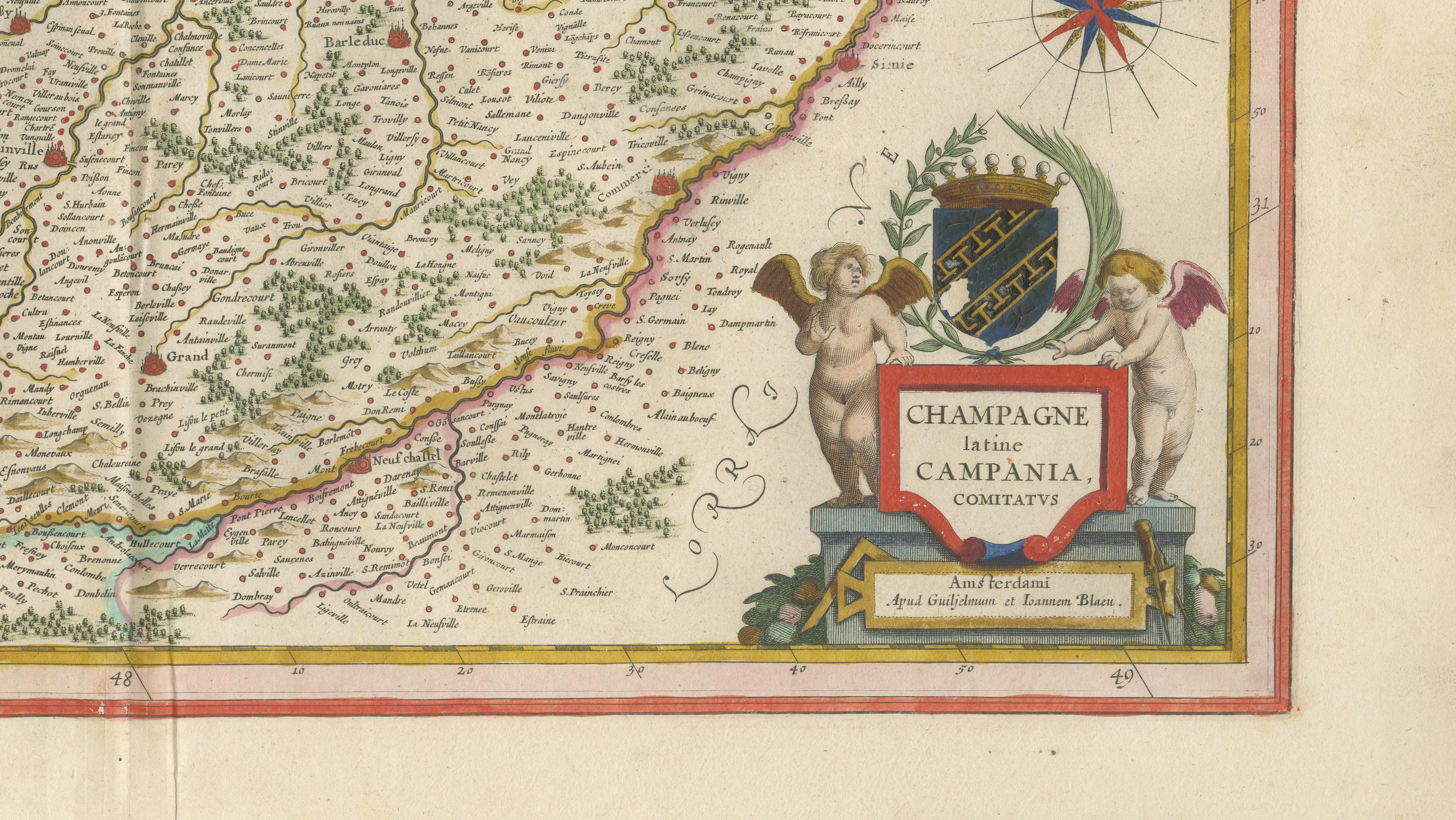 Antique Blaeu Map of Champagne France, Campania Comitatus, c. 1642
