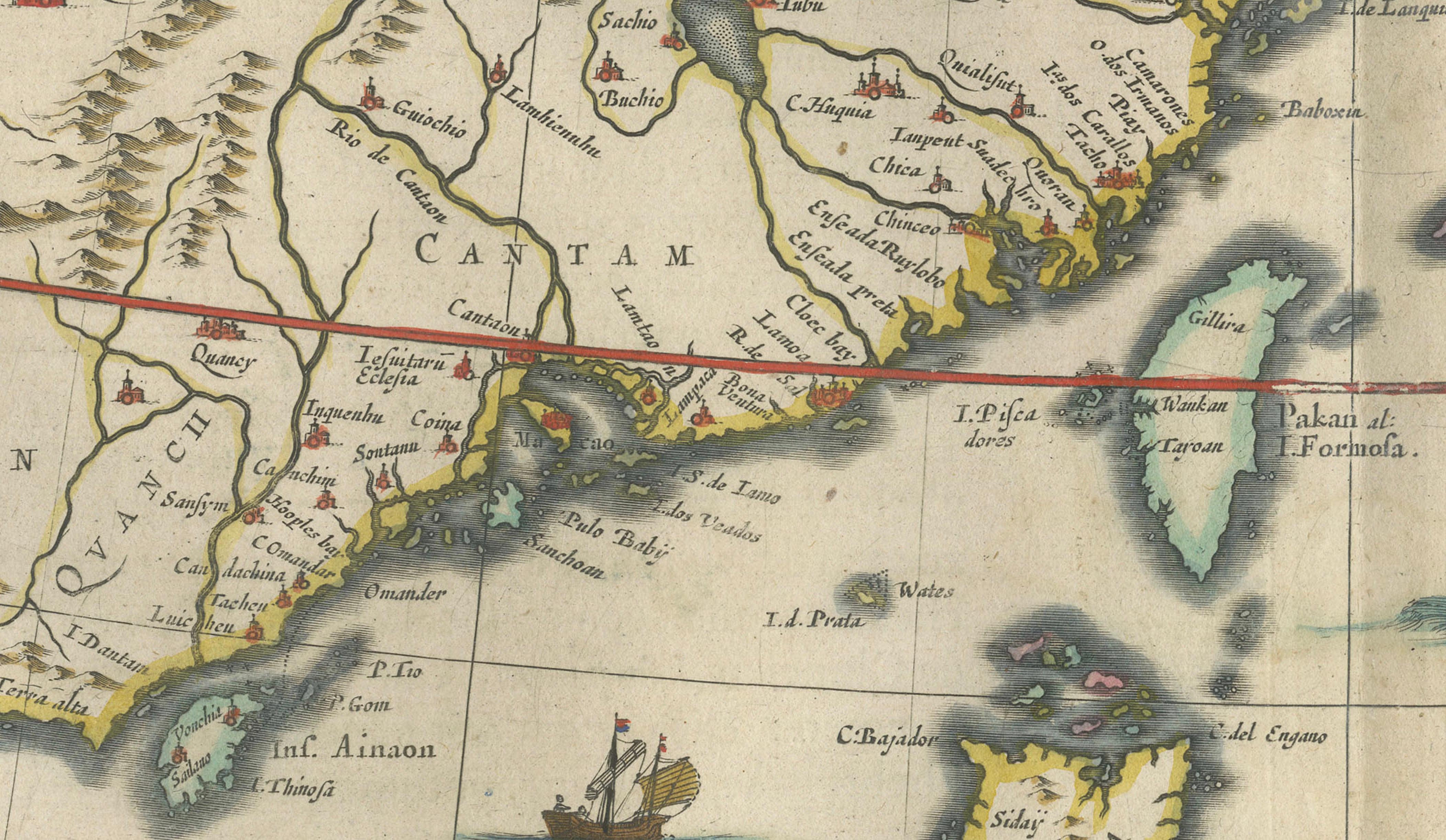 Antique Blaeu Map of China, Japan & Korea, Exotic Cartouches & Ships, c.1642
