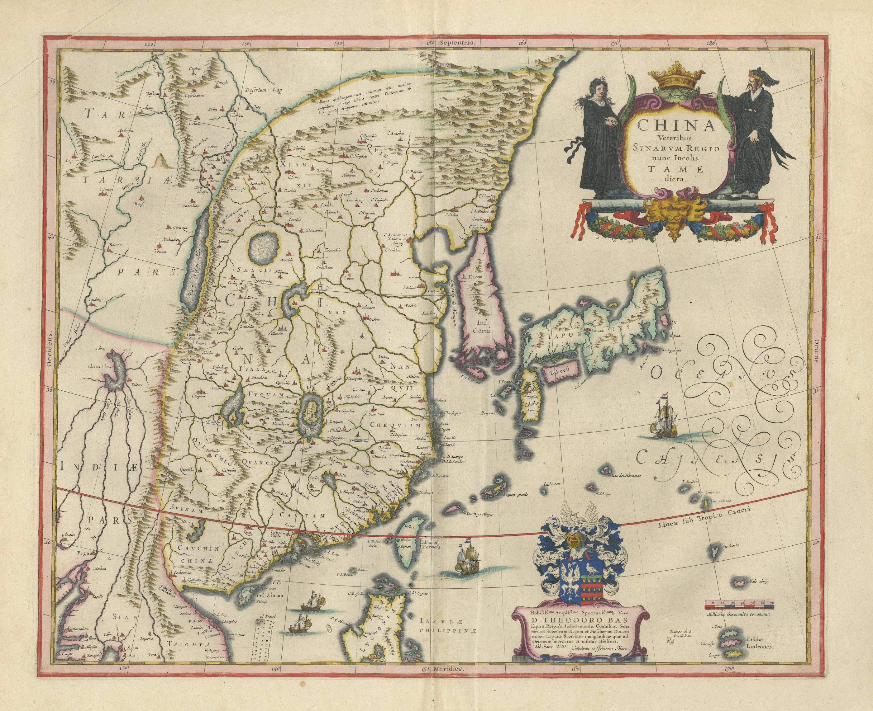 Antique Blaeu Map of China, Japan & Korea, Exotic Cartouches & Ships, c.1642
