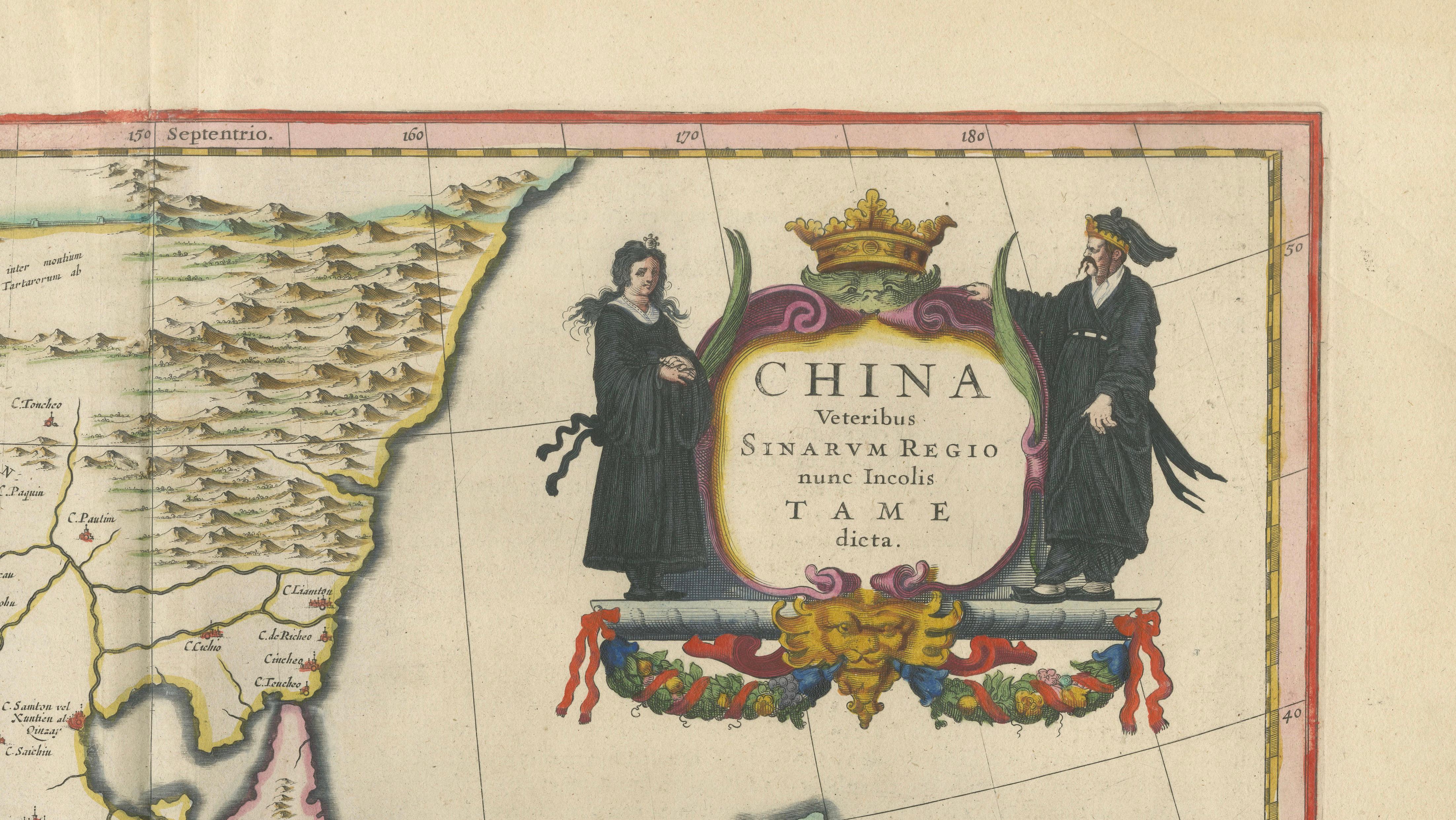 Antique Blaeu Map of China, Japan & Korea, Exotic Cartouches & Ships, c.1642