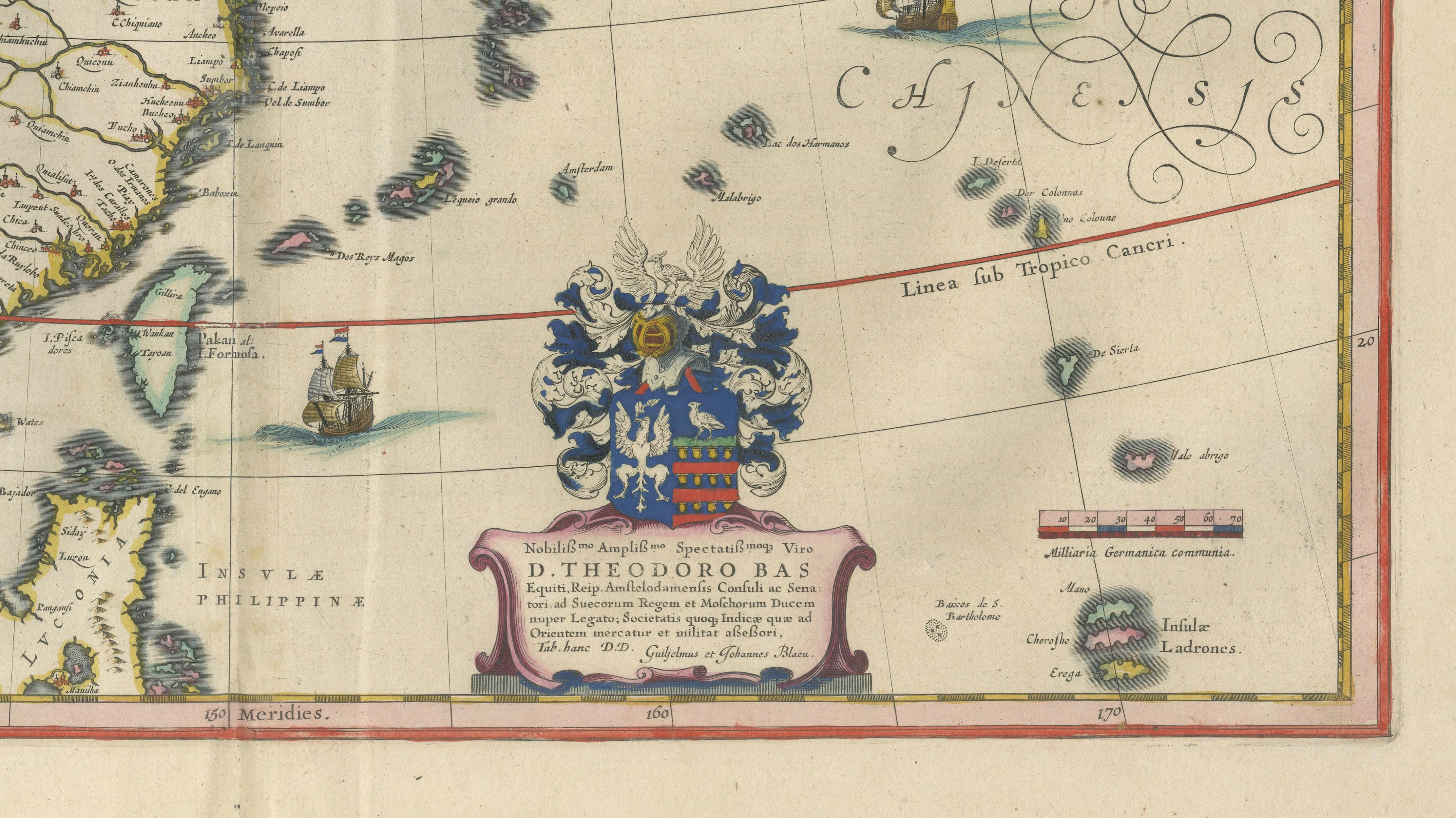 Antique Blaeu Map of China, Japan & Korea, Exotic Cartouches & Ships, c.1642