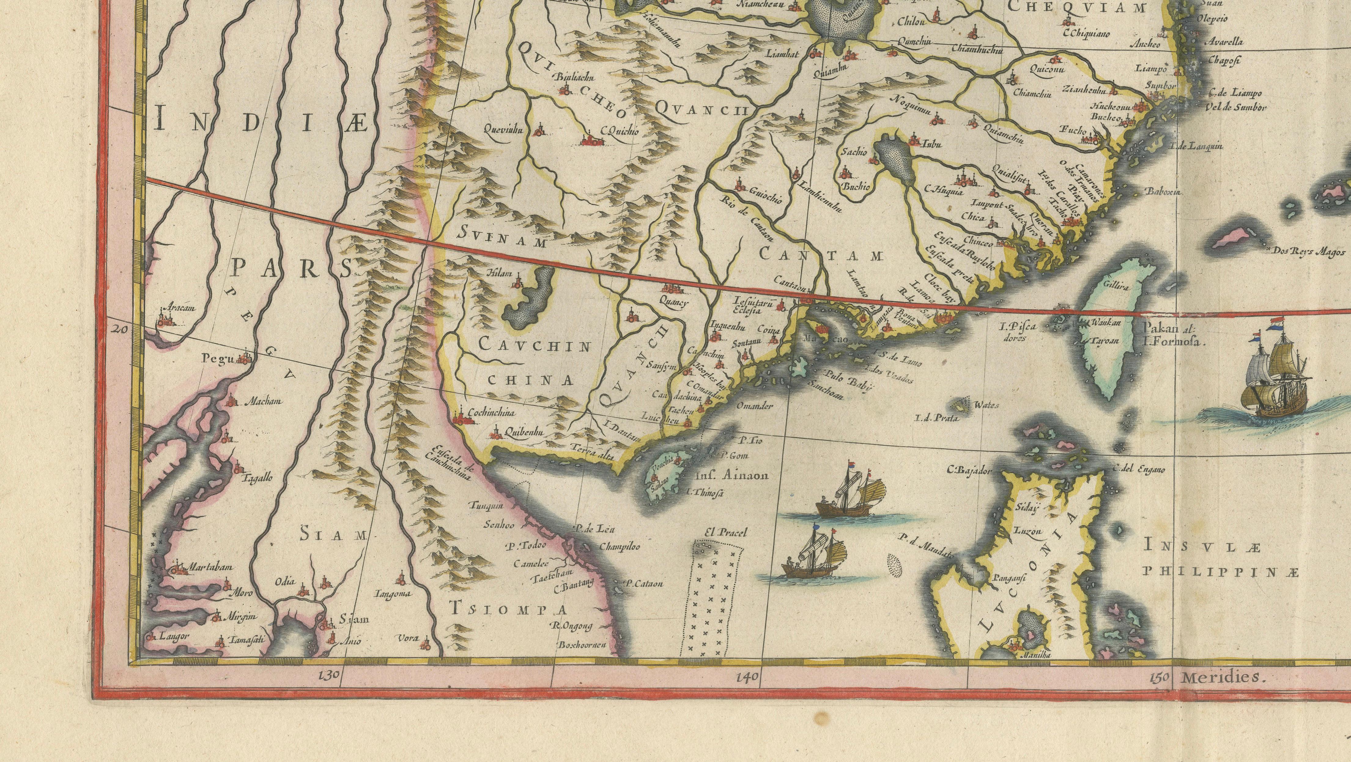 Antique Blaeu Map of China, Japan & Korea, Exotic Cartouches & Ships, c.1642