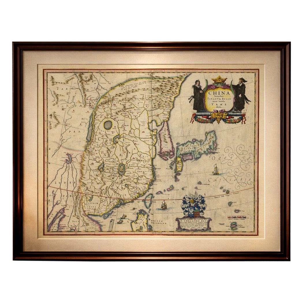 Ancienne carte de Blaeu de la Chine, du Japon et de la Corée, cartouches et navires exotiques, c.1642